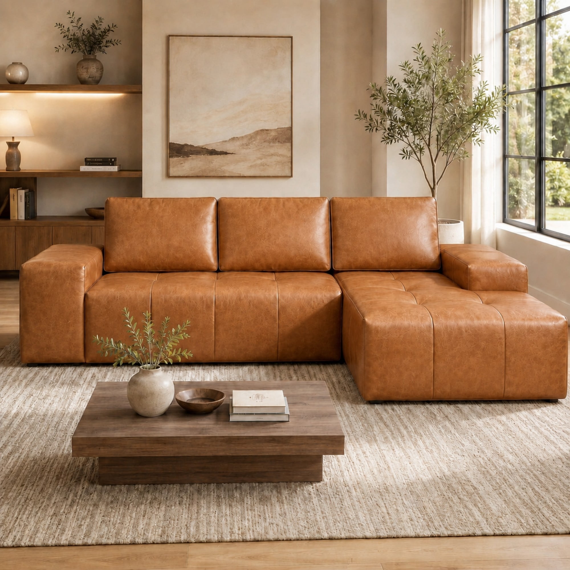 Aenkyo 114" Faux Leather L-Shaped Sectional Sofa with Right Hand Chaise, Boneless Modular Couch, Ginger