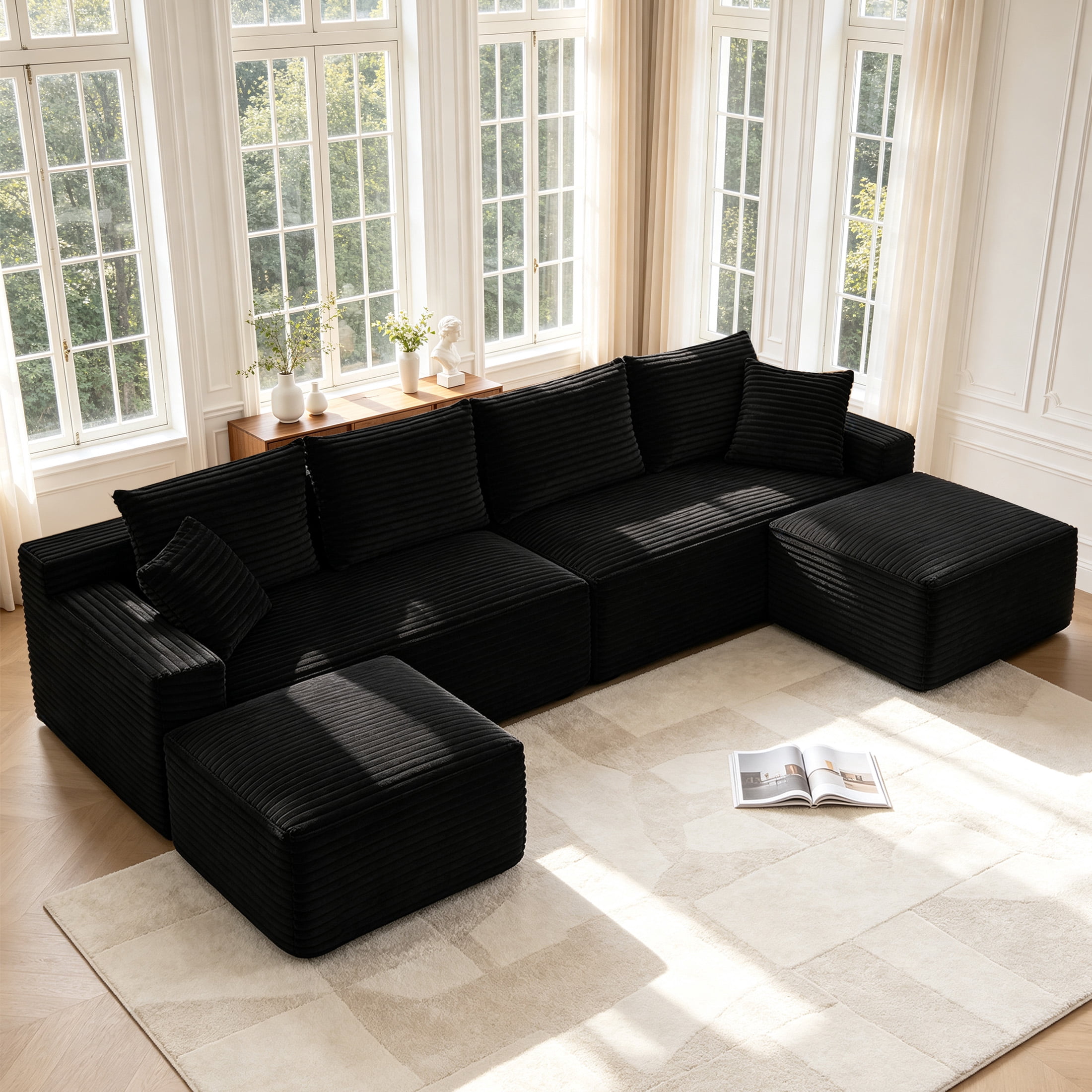 Aenkyo 115" Corduroy U-Shaped Modular Sectional Sofa with 2 Ottomans, 4-Seater, Black