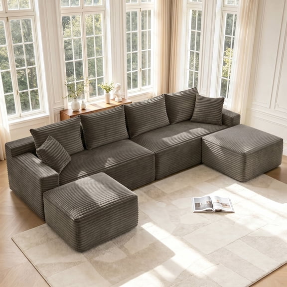 Aenkyo 115" Corduroy U-Shaped Modular Sectional Sofa with 2 Ottomans, 4-Seater, Brown