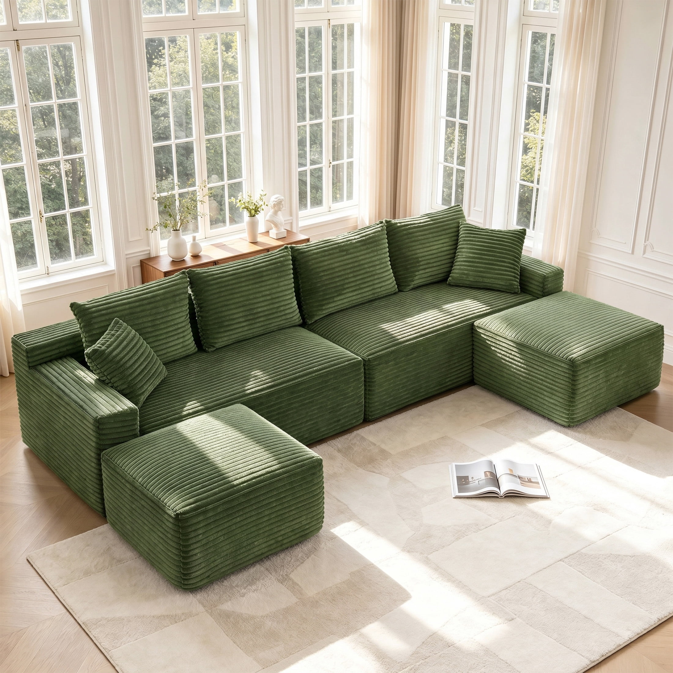 Aenkyo 115" Corduroy U-Shaped Modular Sectional Sofa with 2 Ottomans, 4-Seater, Green