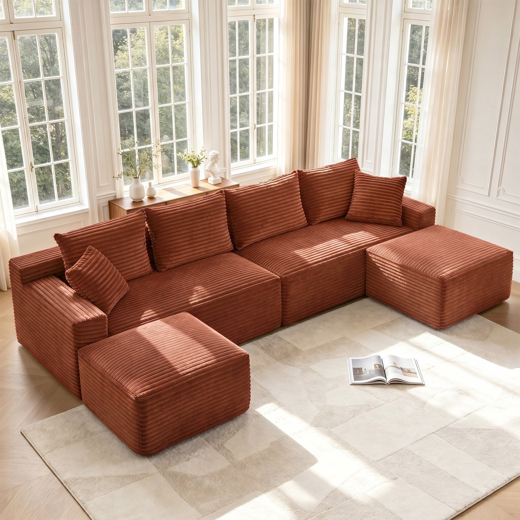 Aenkyo 115" Corduroy U-Shaped Modular Sectional Sofa with 2 Ottomans, 4-Seater, Orange