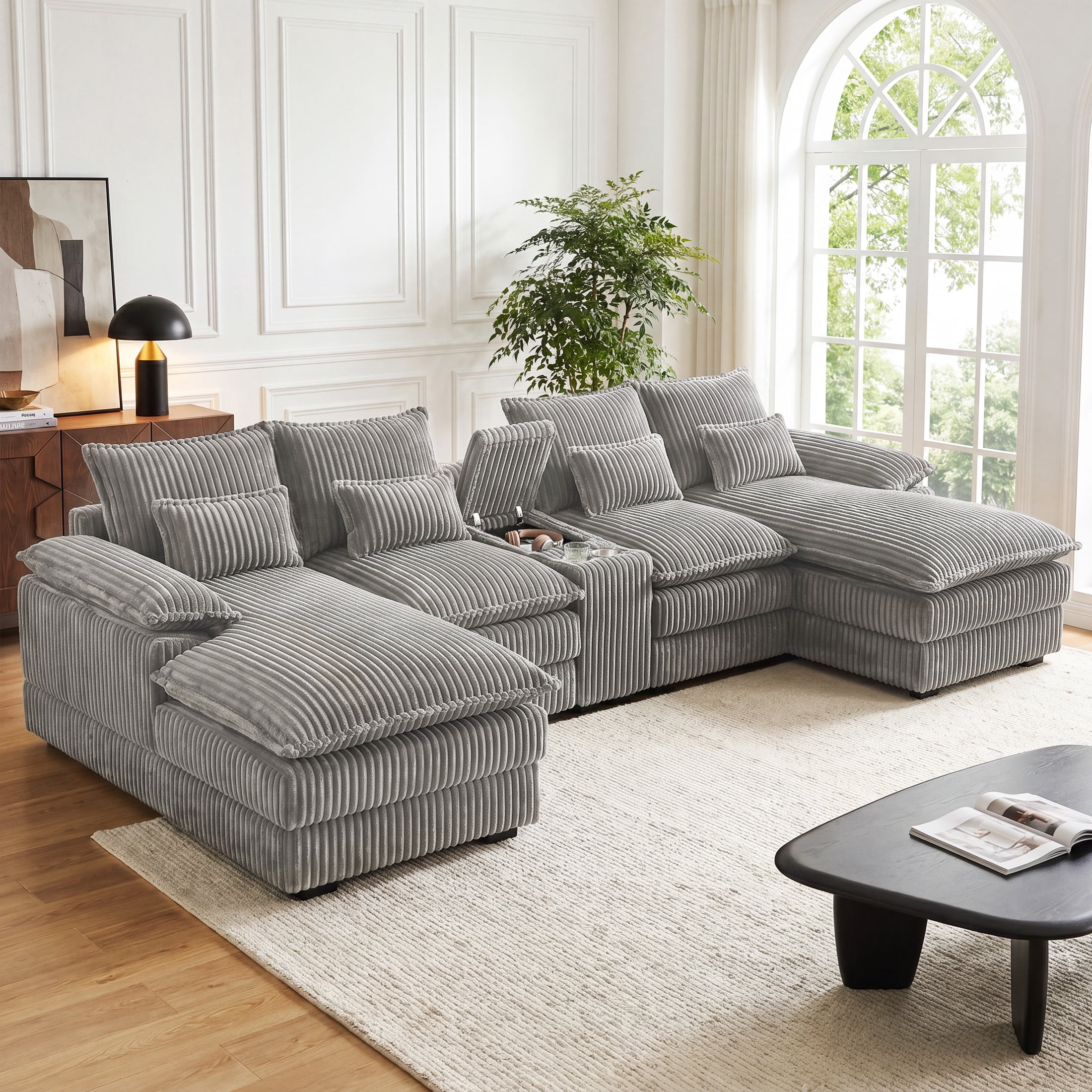 Aenkyo 125 Inch Chenille U-Shaped Sectional Sofa with Console and USB Ports, Light Gray