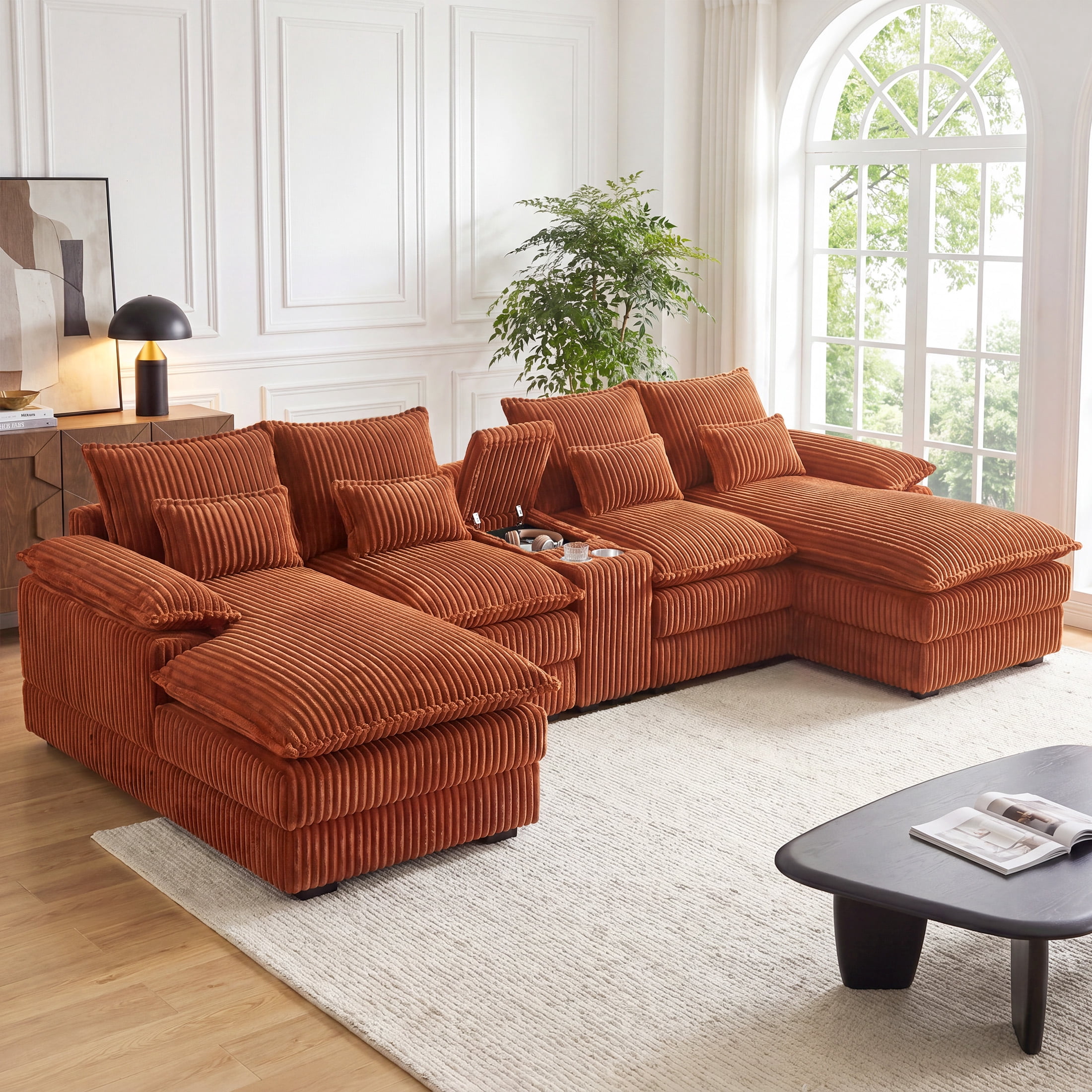 Aenkyo 125 Inch Chenille U-Shaped Sectional Sofa with Console and USB Ports, Orange