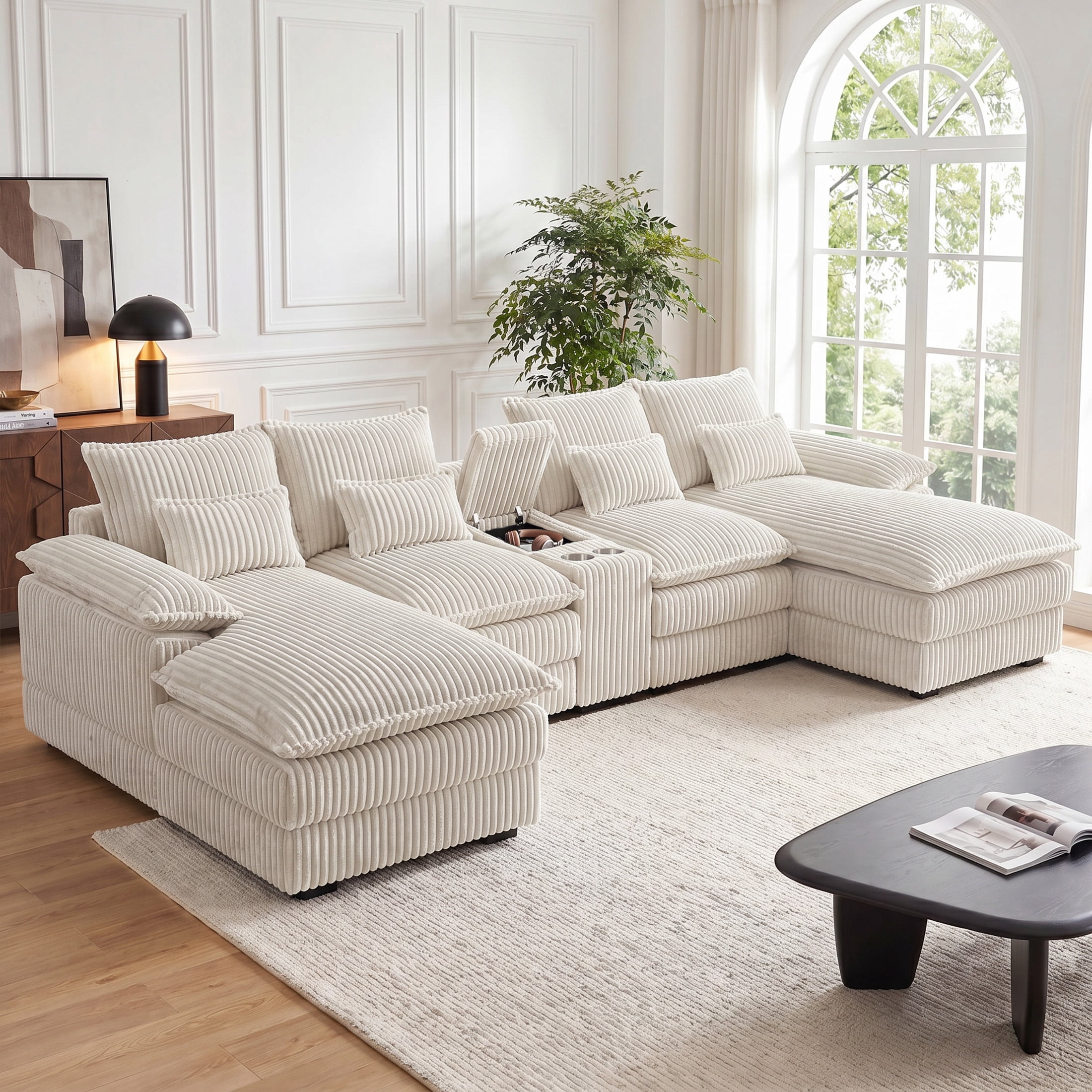 Aenkyo 125 Inch Chenille U-Shaped Sectional Sofa with Console and USB Ports, White