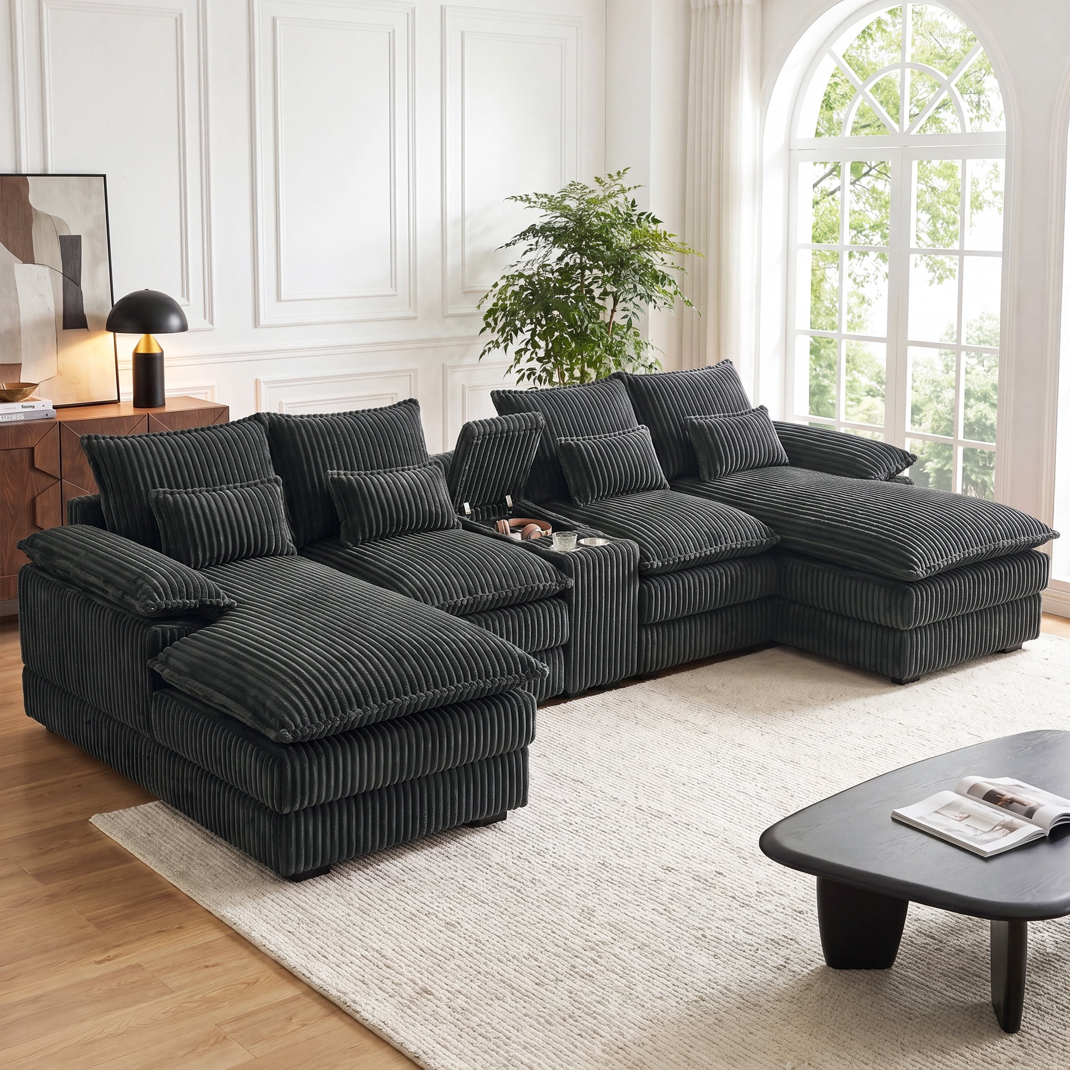 Aenkyo 125 Inch Corduroy U-Shaped Sectional Sofa with Console and USB Ports, Dark Gray