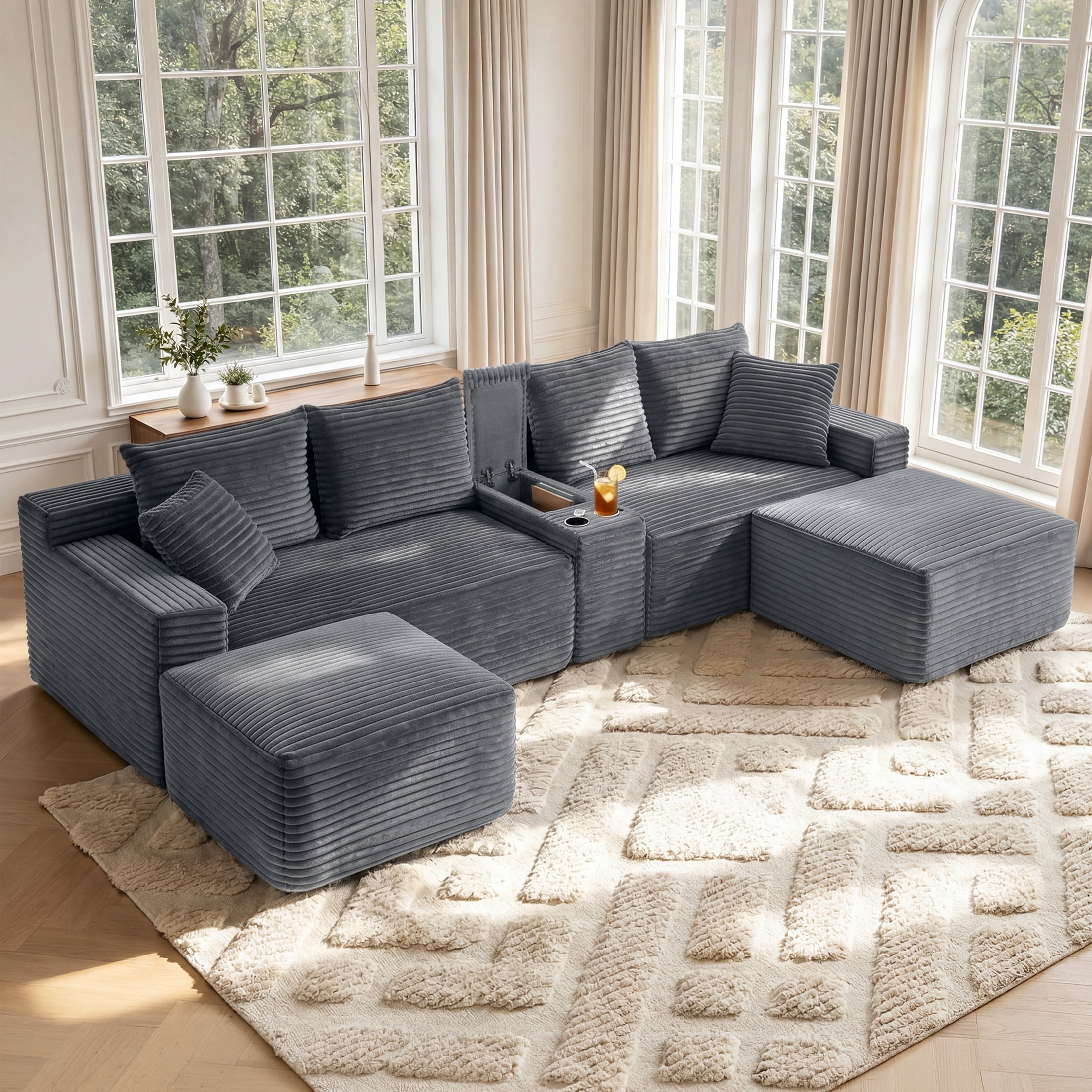 Aenkyo 127" Corduroy U-Shaped Modular Sectional Sofa with Storage Console and Cup Holder, Gray