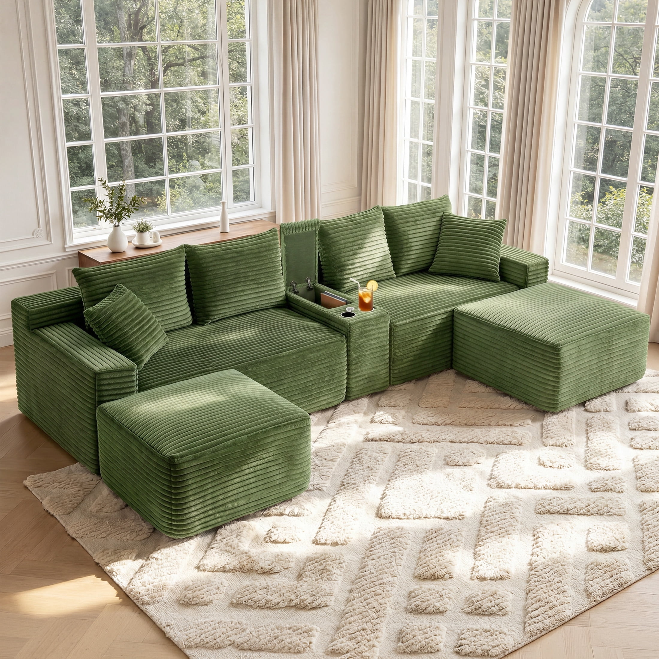 Aenkyo 127" Corduroy U-Shaped Modular Sectional Sofa with Storage Console and Cup Holder, Green
