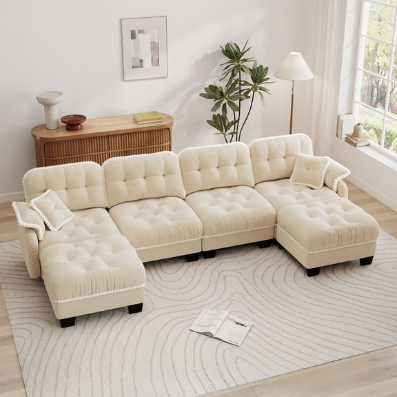 Aenkyo 131.5" Chenille Modular 4-Seater Sectional Sofa with 2 Movable Ottomans, Beige