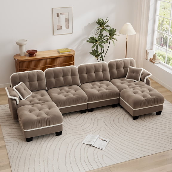 Aenkyo 131.5" Chenille Modular 4-Seater Sectional Sofa with 2 Movable Ottomans, Camel