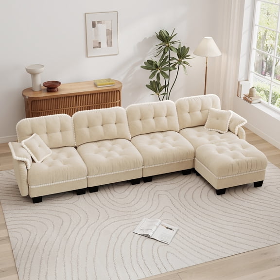 Aenkyo 131.5" Chenille Modular 4-Seater Sectional Sofa with Movable Ottoman, Beige