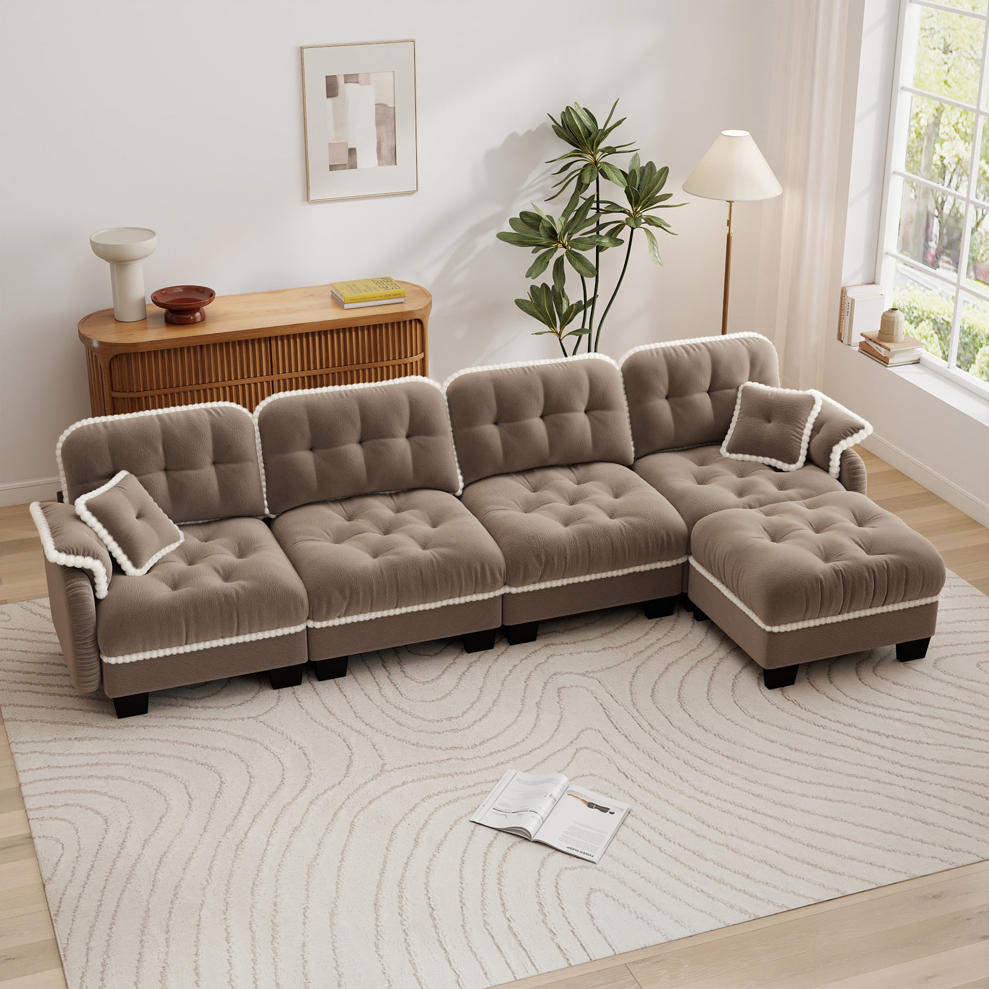 Aenkyo 131.5" Chenille Modular 4-Seater Sectional Sofa with Movable Ottoman, Camel