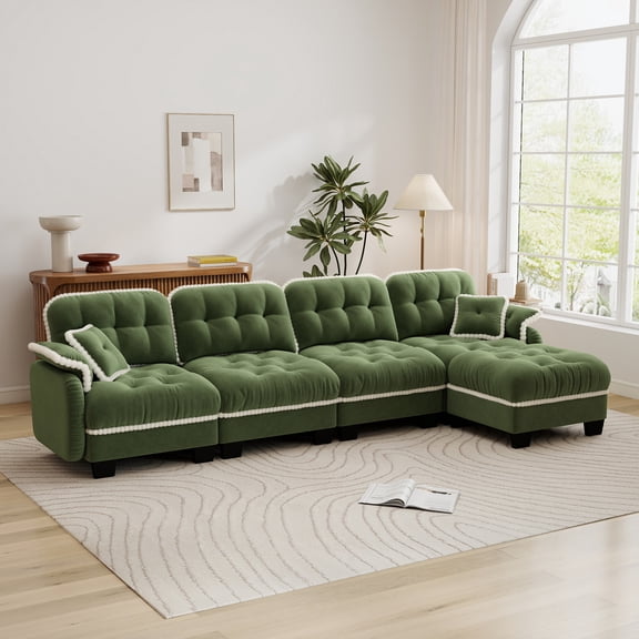 Aenkyo 131.5" Chenille Modular 4-Seater Sectional Sofa with Movable Ottoman, Green