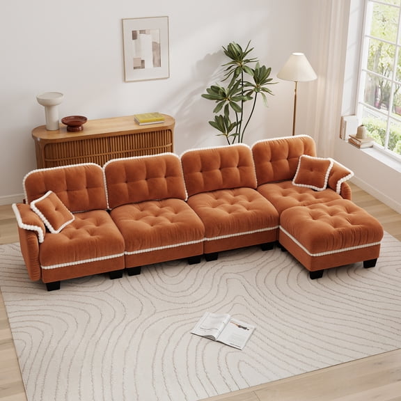 Aenkyo 131.5" Chenille Modular 4-Seater Sectional Sofa with Movable Ottoman, Orange