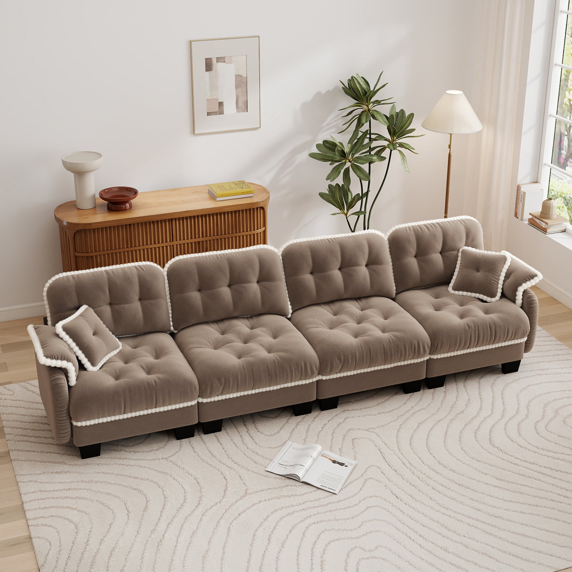 Aenkyo 131.5" Chenille Modular Sectional Sofa, 4-Seater with 23.8" Deep Seats, Camel