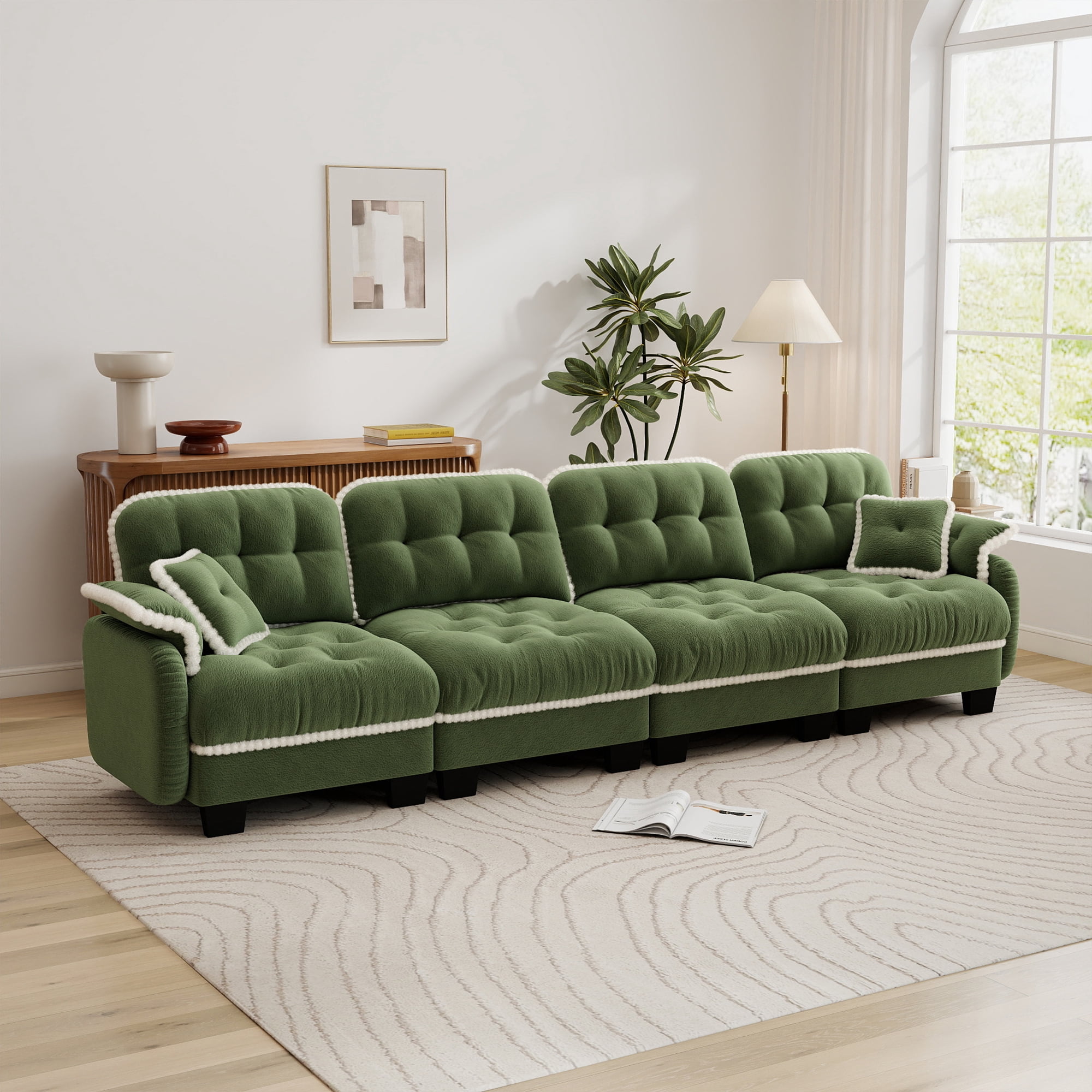 Aenkyo 131.5" Chenille Modular Sectional Sofa, 4-Seater with 23.8" Deep Seats, Green
