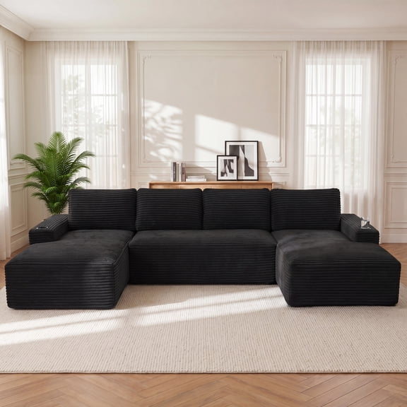 Aenkyo 133 in U-Shaped Cloud Corduroy Sectional Sofa with Cup Holders for Living Room, Black