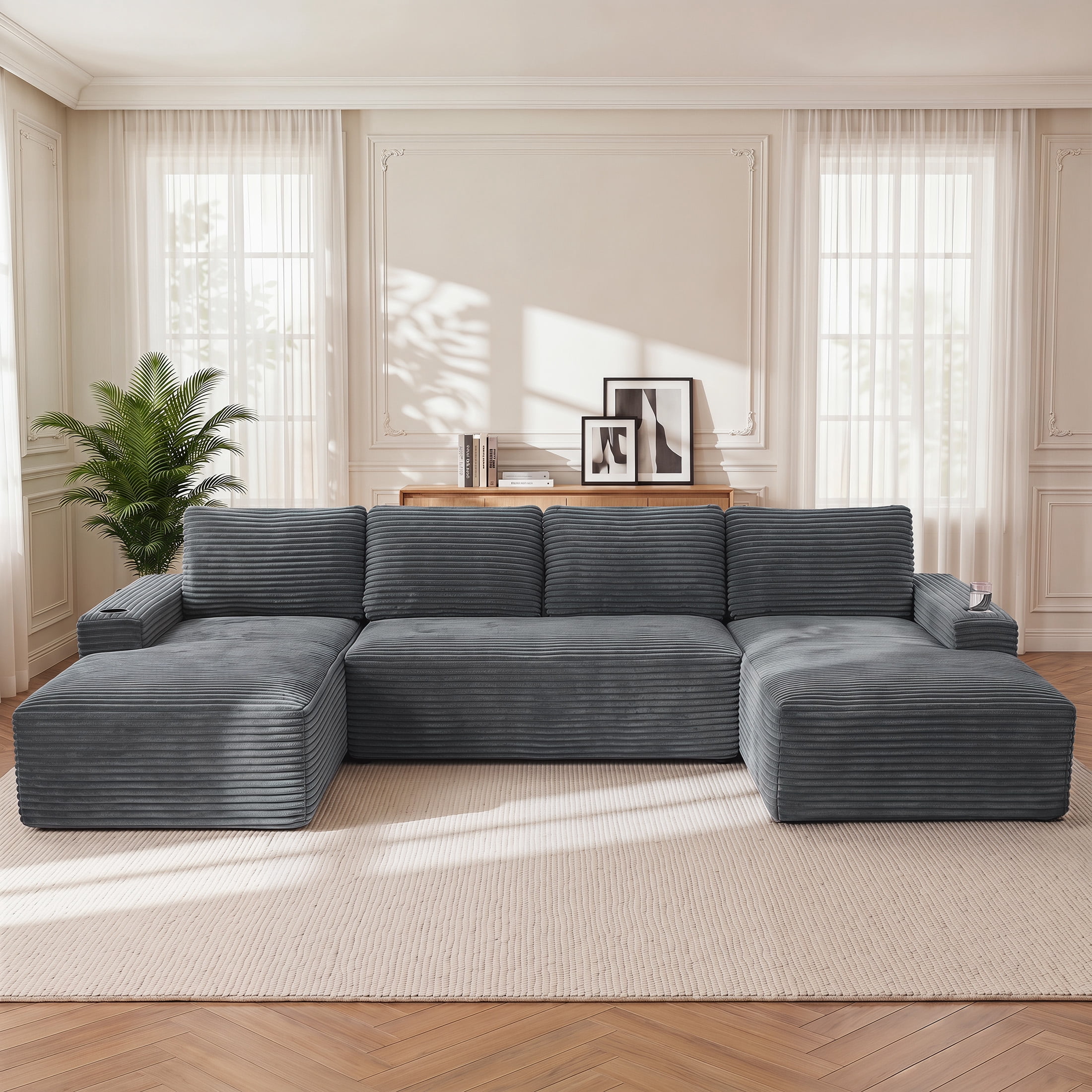 Aenkyo 133 in U-Shaped Cloud Corduroy Sectional Sofa with Cup Holders for Living Room, Cray