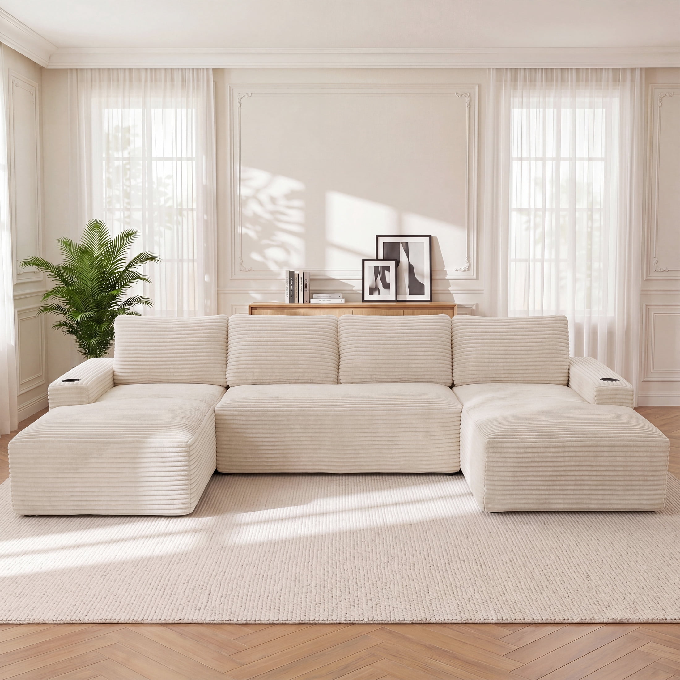 Aenkyo 133 in U-Shaped Cloud Corduroy Sectional Sofa with Cup Holders for Living Room, Cream