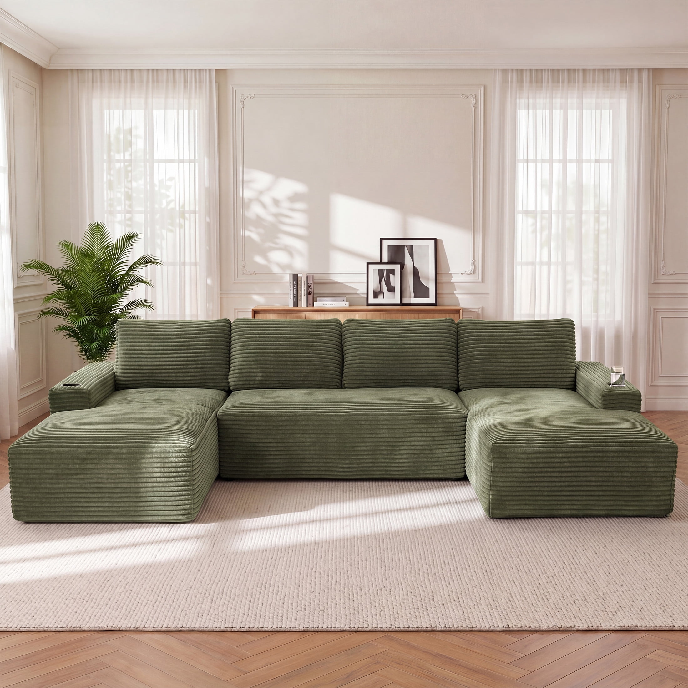 Aenkyo 133 in U-Shaped Cloud Corduroy Sectional Sofa with Cup Holders for Living Room, Green