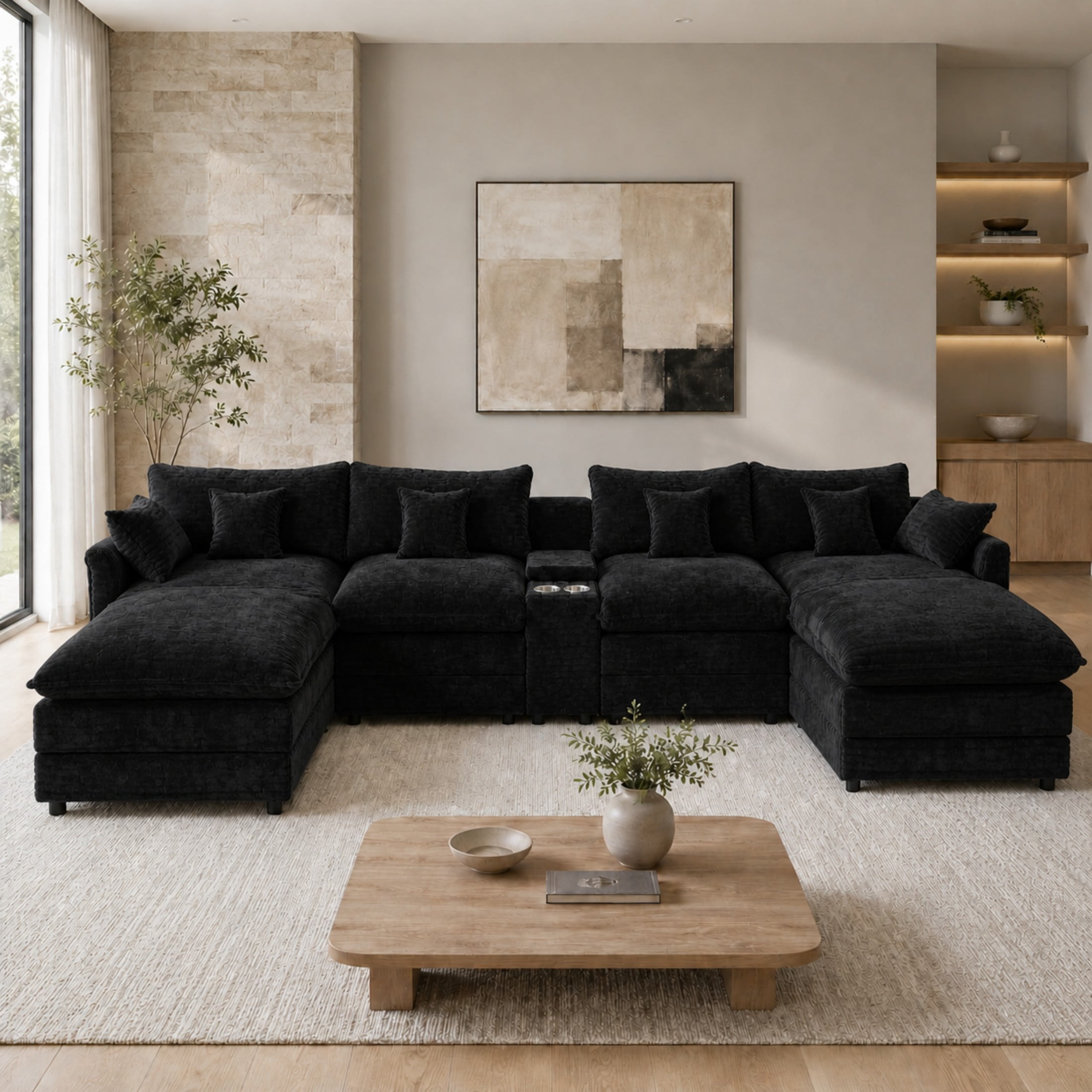 Aenkyo 141-Inch U-Shaped Chenille Cloud Sectional Sofa with Console, Black