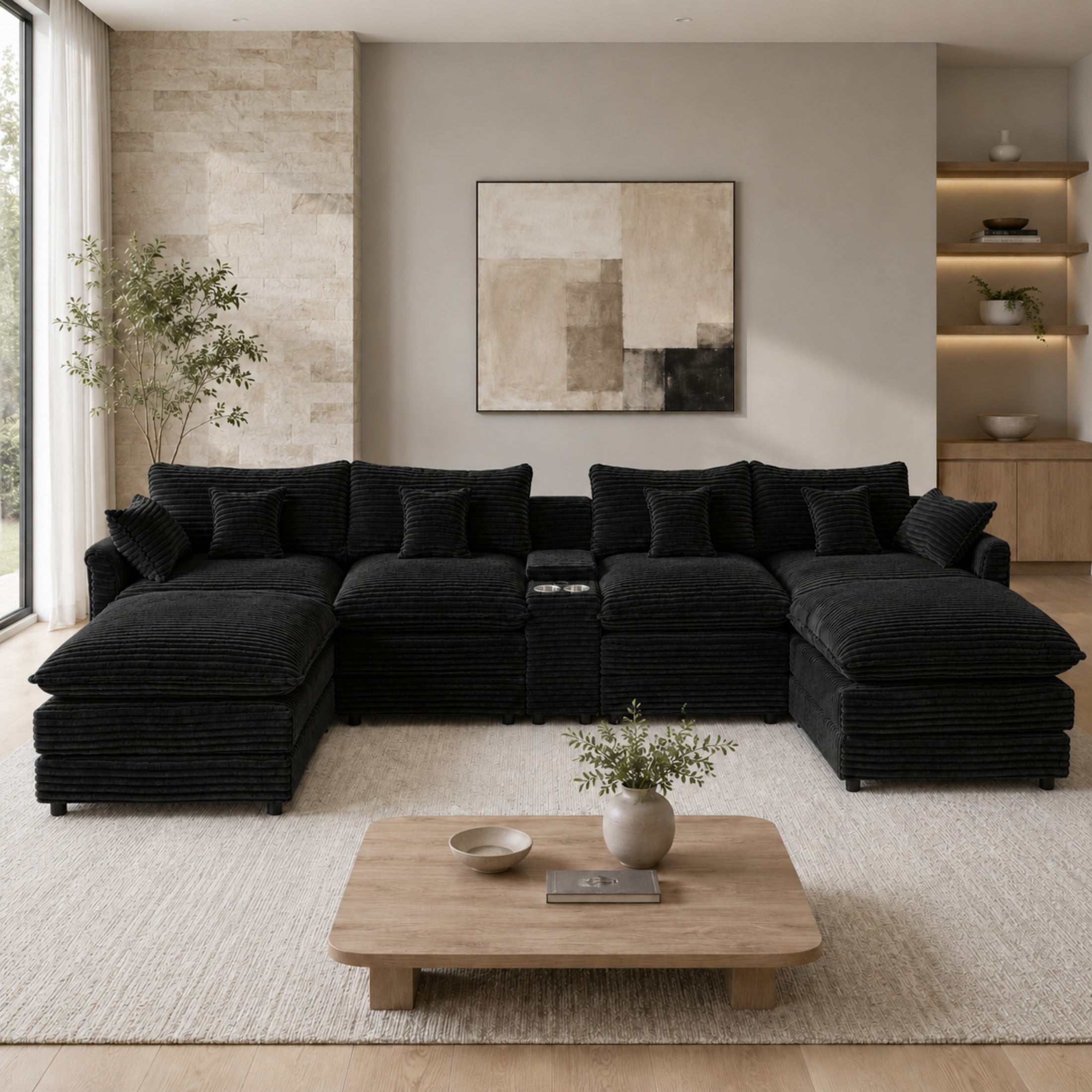 Aenkyo 141-Inch U-Shaped Corduroy Cloud Sectional Sofa with Console, Black