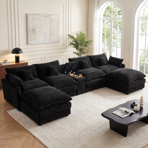Aenkyo 141" Corduroy U-Shaped Sectional Sofa, Oversized 6 Seat Cloud Couch with Console and USB, Black