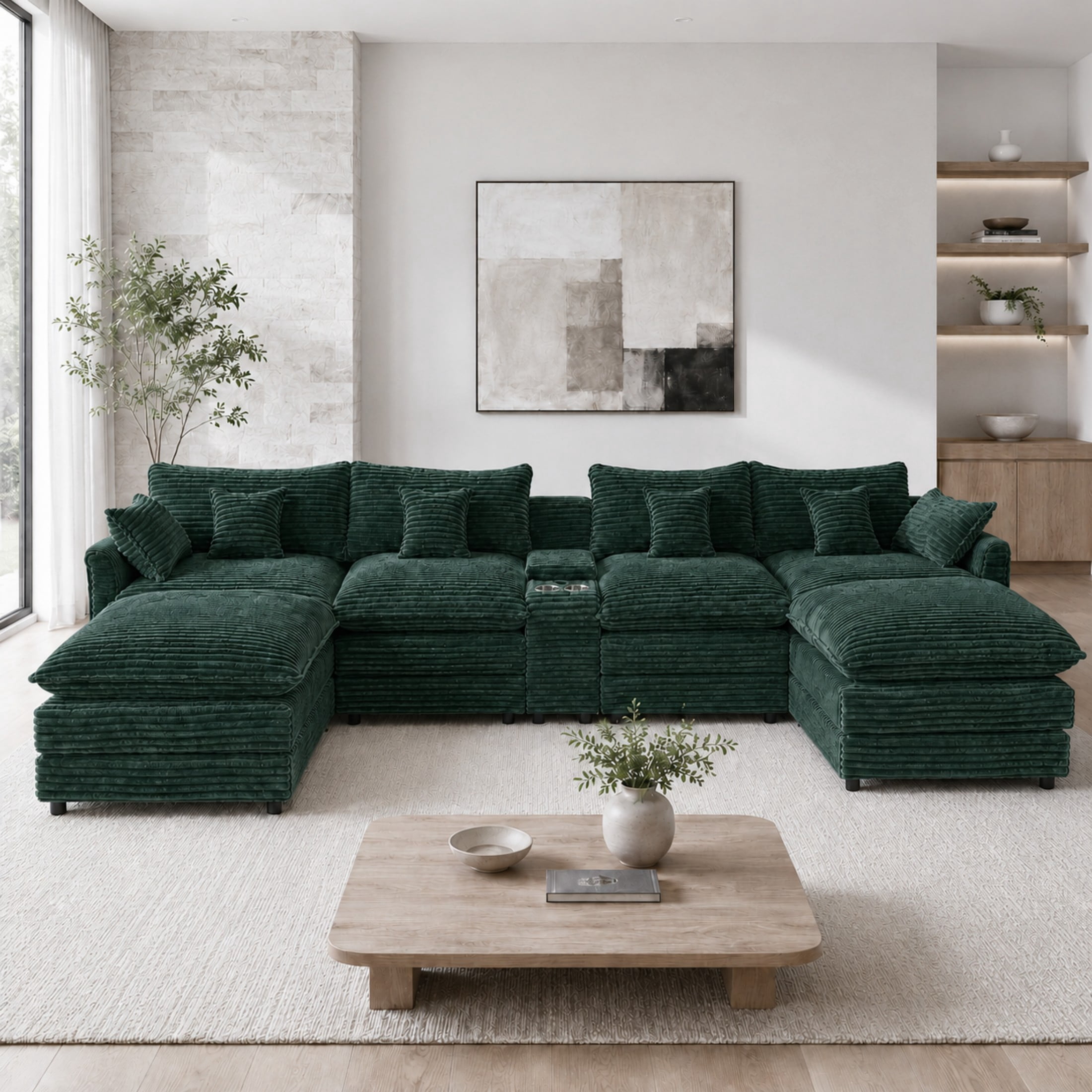 Aenkyo 141-Inch U-Shaped Corduroy Cloud Sectional Sofa with Console, Green