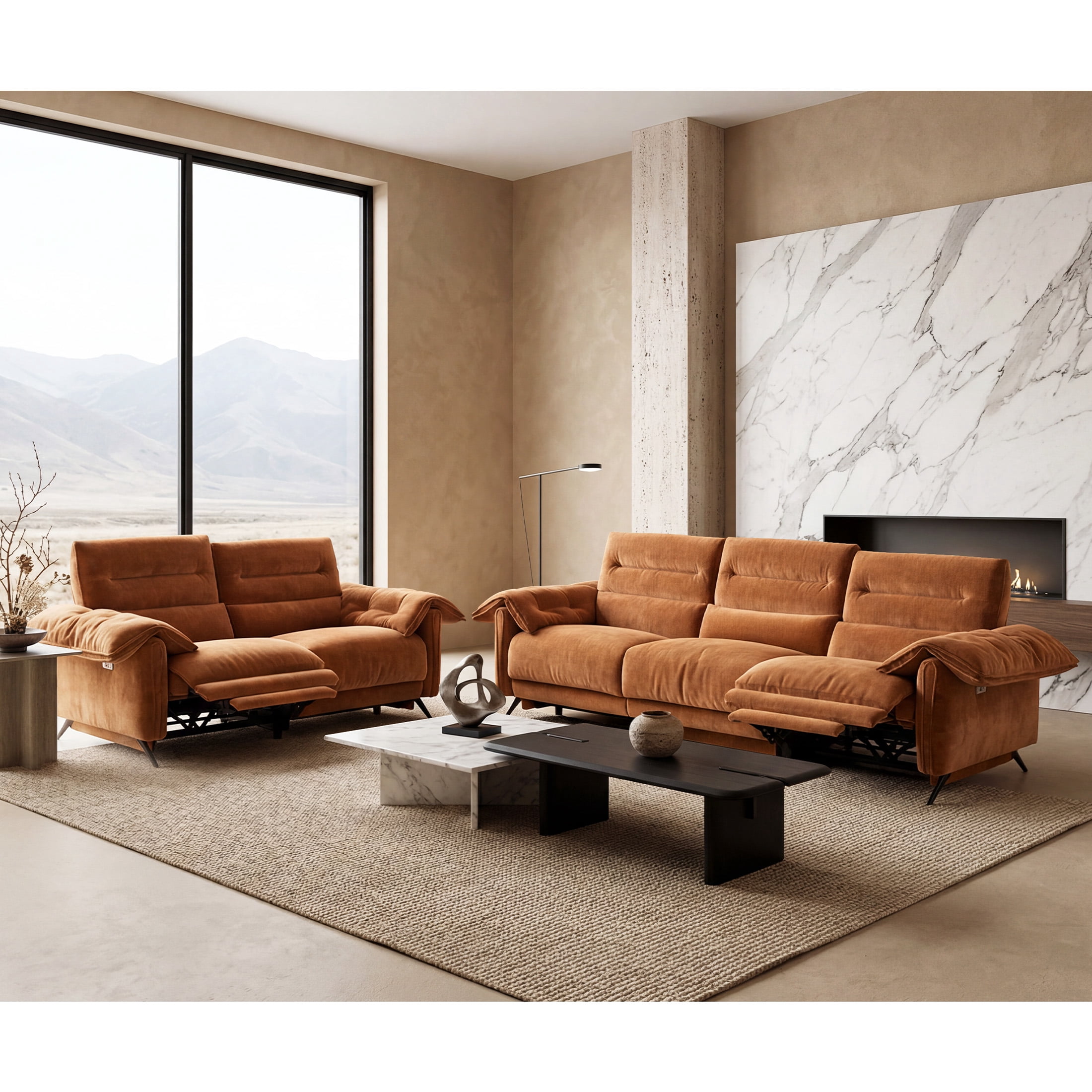 Aenkyo 2-Piece Power Reclining Sofa Set with USB Ports, Loveseat and Sofa, Sienna Brown