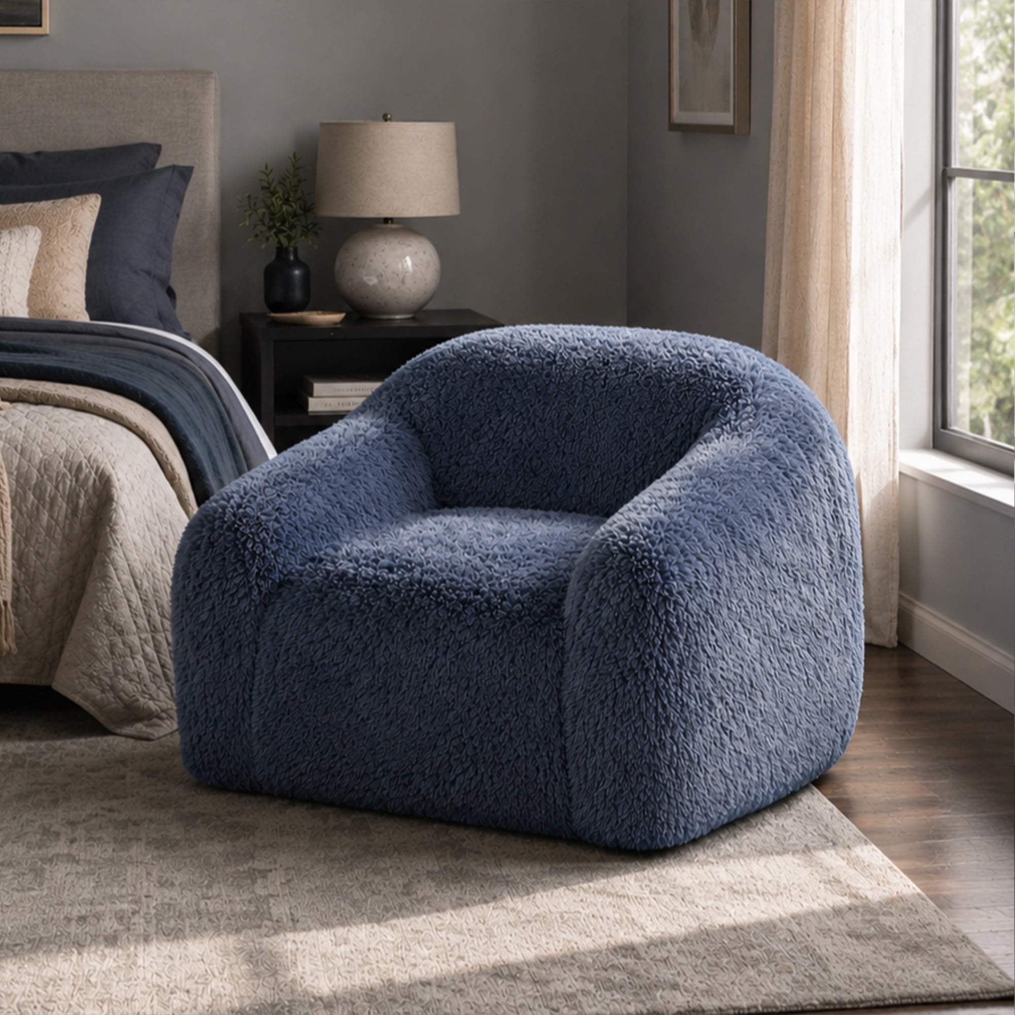 Aenkyo 40.6 Inch Faux Fur Single Sofa Chair, Comfy Lounge Chair in a Box, Blue