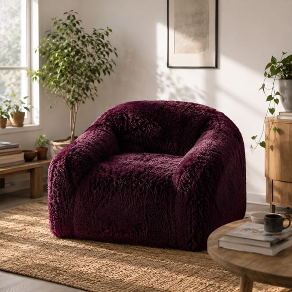 Aenkyo 40.6 Inch Faux Fur Single Sofa Chair, Comfy Lounge Chair in a Box, Burgundy