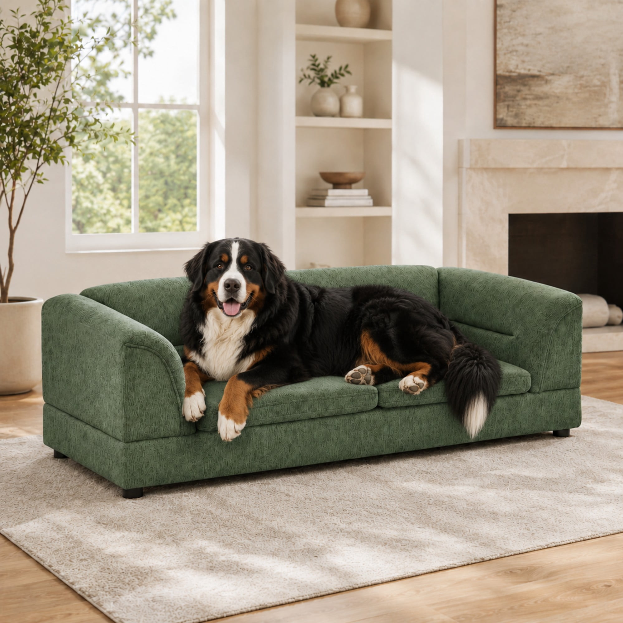 Aenkyo 52" Large Dog Sofa Bed, Linen Pet Couch with Removable Cushions, Green