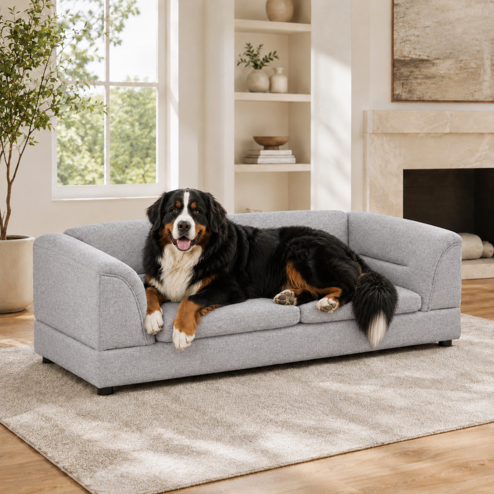 Aenkyo 52" Large Dog Sofa Bed, Linen Pet Couch with Removable Cushions, Light Gray