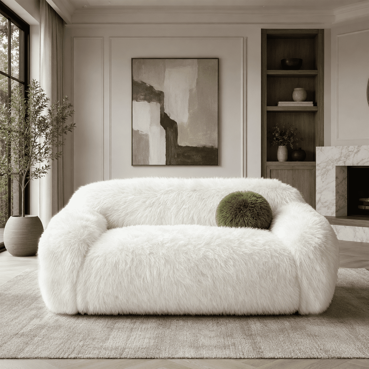 Aenkyo 67 Inch Plush Faux Fur Loveseat Sofa, 25 Inch Deep Seat 2-Seater Couch with Ball Pillow, White