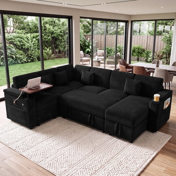 Aenkyo 7-Seat Corduroy U-Shaped Sectional Sleeper Sofa Bed with Storage Chaise and USB Charging, Black