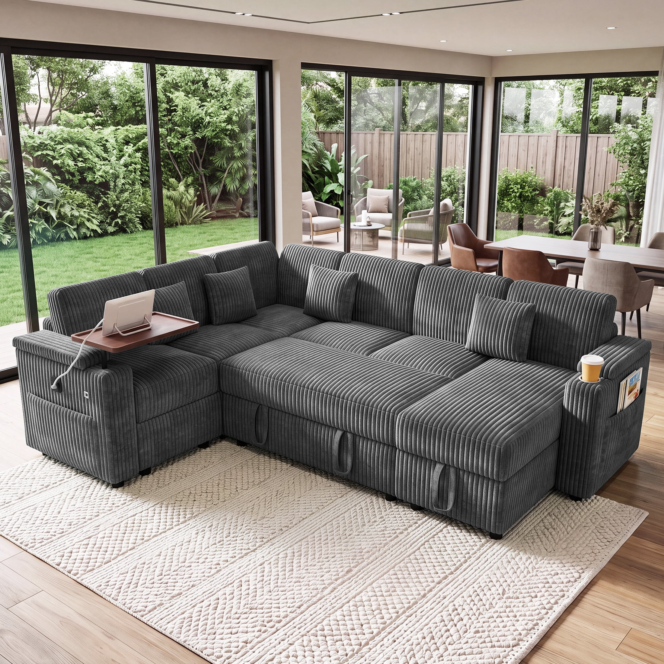 Aenkyo 7-Seat Corduroy U-Shaped Sectional Sleeper Sofa Bed with Storage Chaise and USB Charging, Gray