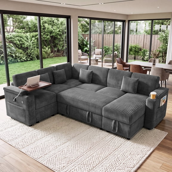 Aenkyo 7-Seat Corduroy U-Shaped Sectional Sleeper Sofa Bed with Storage Chaise and USB Charging, Gray