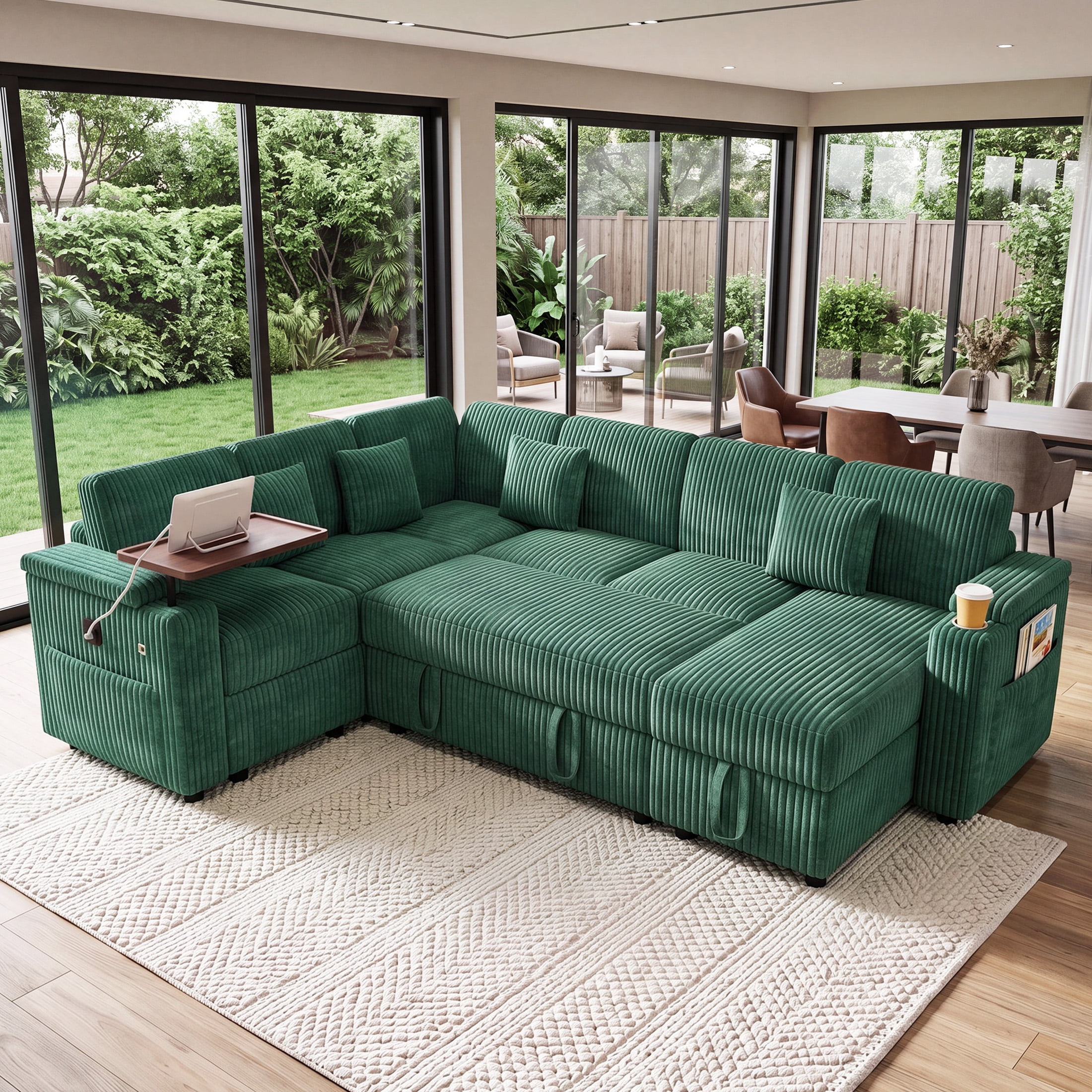 Aenkyo 7-Seat Corduroy U-Shaped Sectional Sleeper Sofa Bed with Storage Chaise and USB Charging, Green