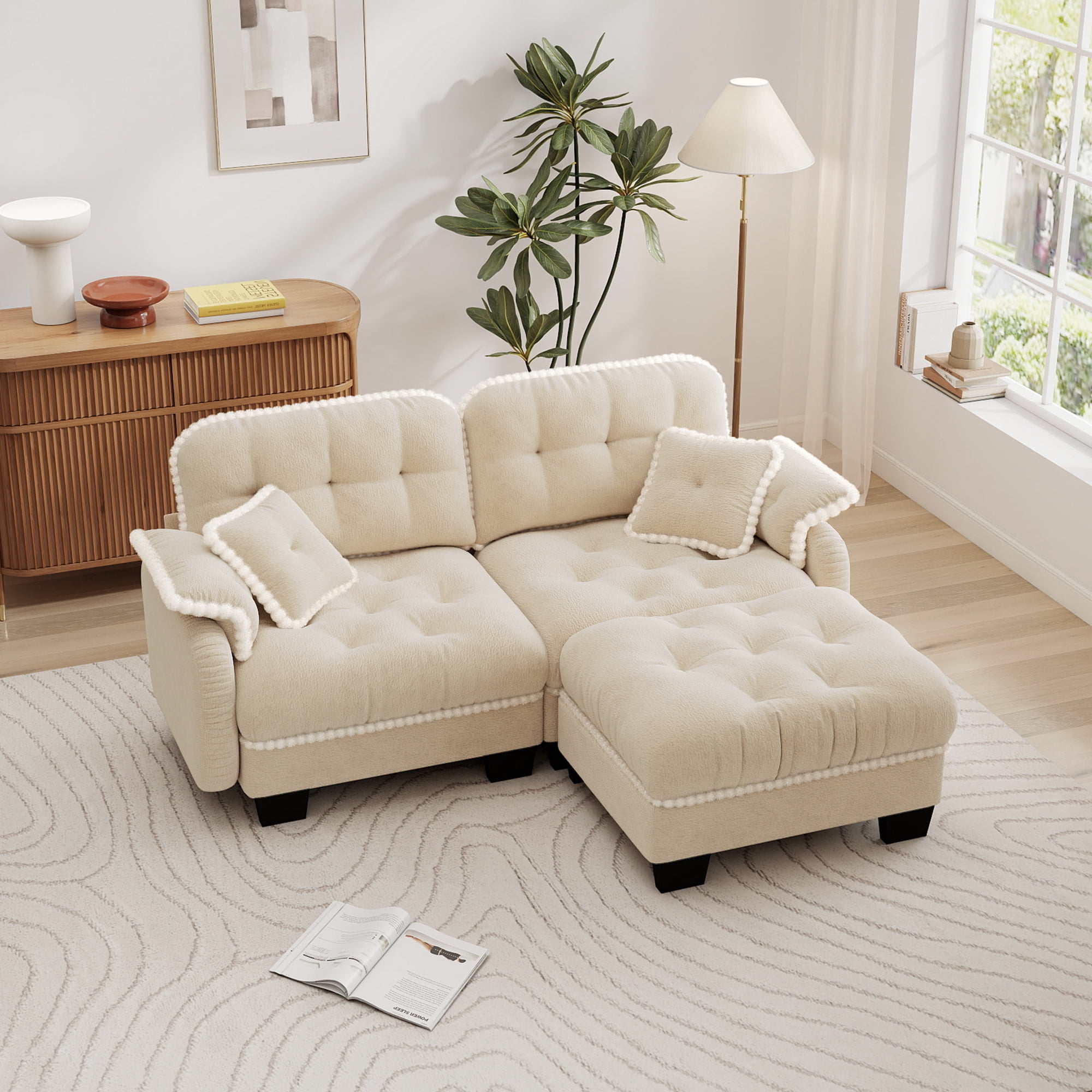 Aenkyo 70" Chenille Modular L-Shaped Sectional Sofa with Movable Ottoman, 23.8" Deep Seat, Beige