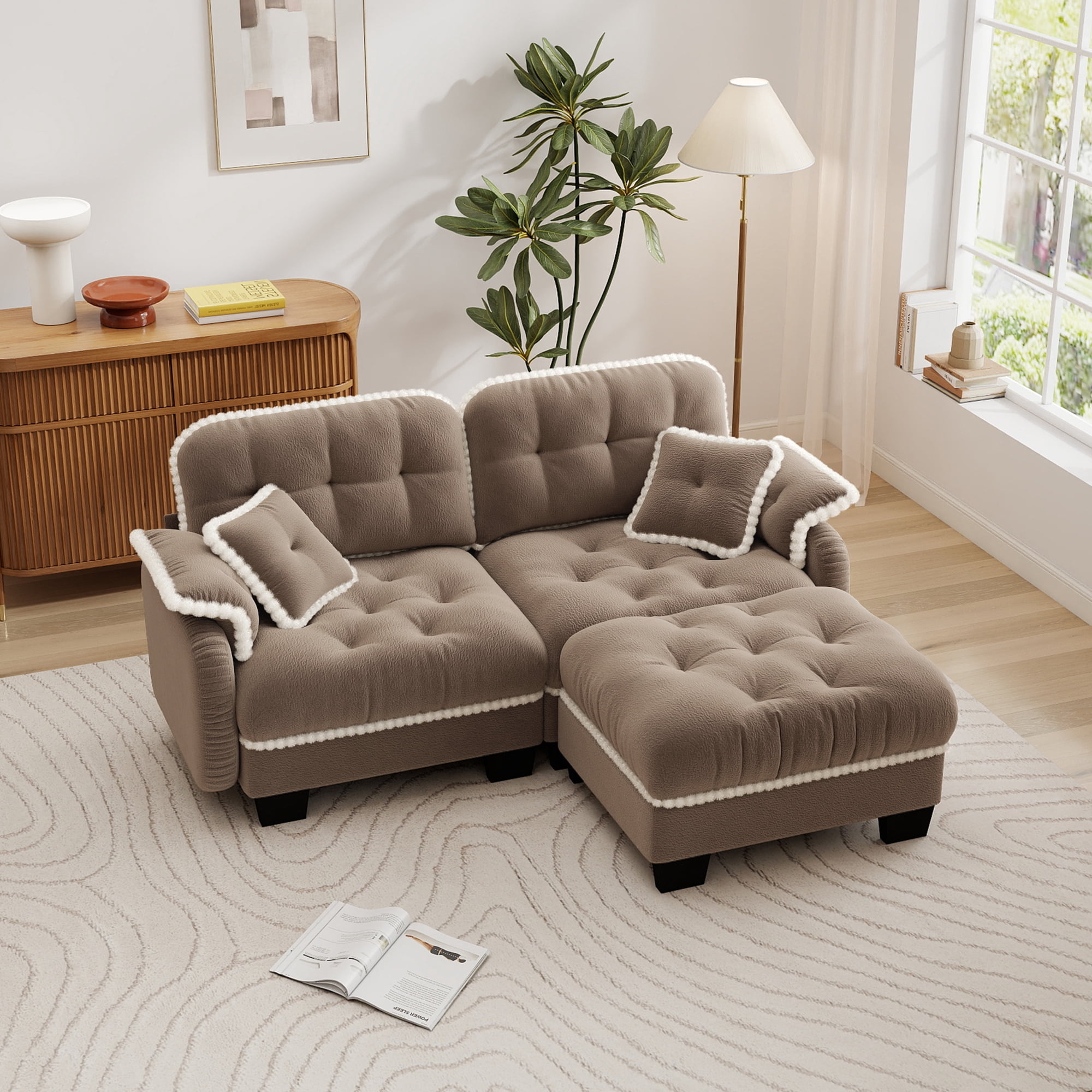 Aenkyo 70" Chenille Modular L-Shaped Sectional Sofa with Movable Ottoman, 23.8" Deep Seat, Camel