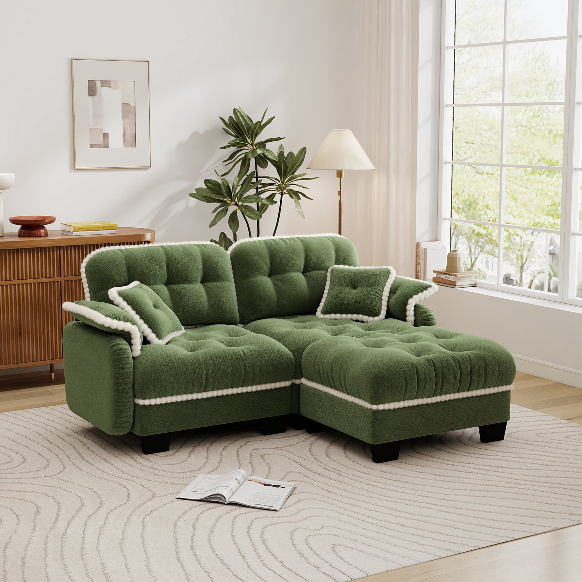 Aenkyo 70" Chenille Modular L-Shaped Sectional Sofa with Movable Ottoman, 23.8" Deep Seat, Green