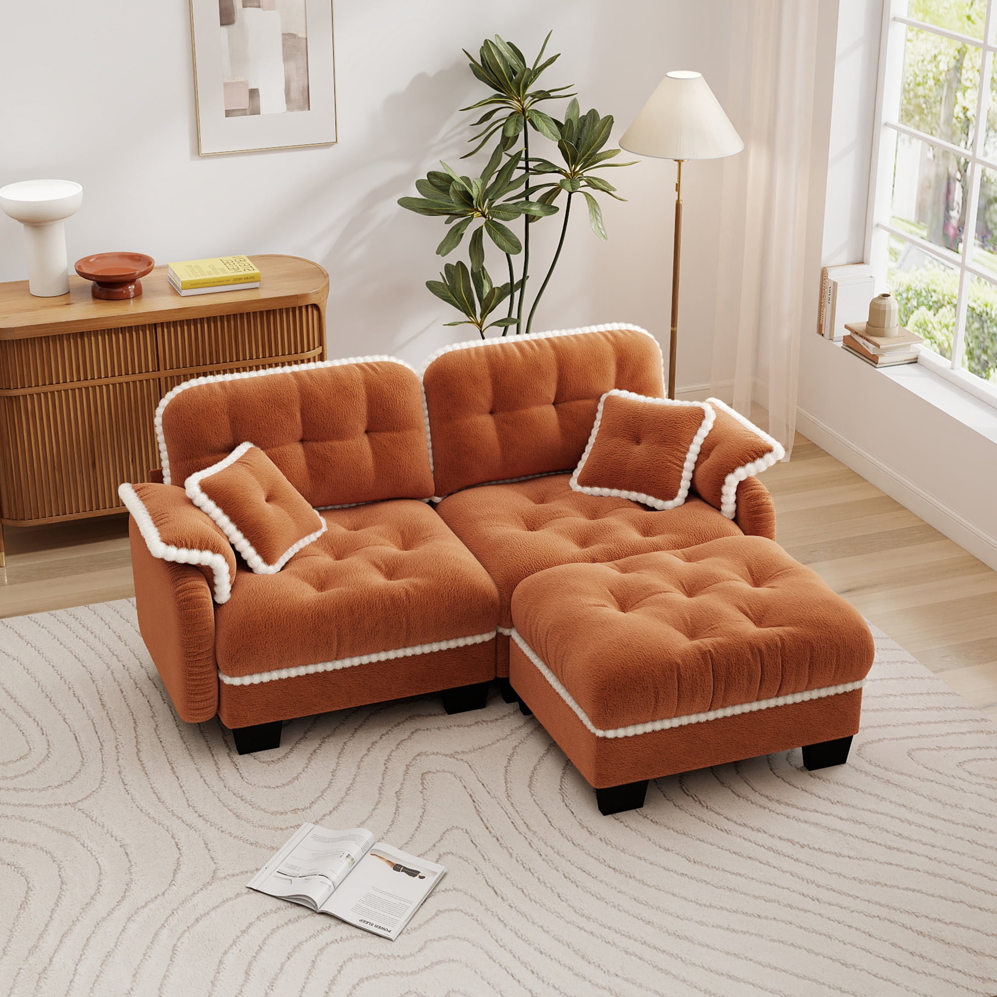 Aenkyo 70" Chenille Modular L-Shaped Sectional Sofa with Movable Ottoman, 23.8" Deep Seat, Orange