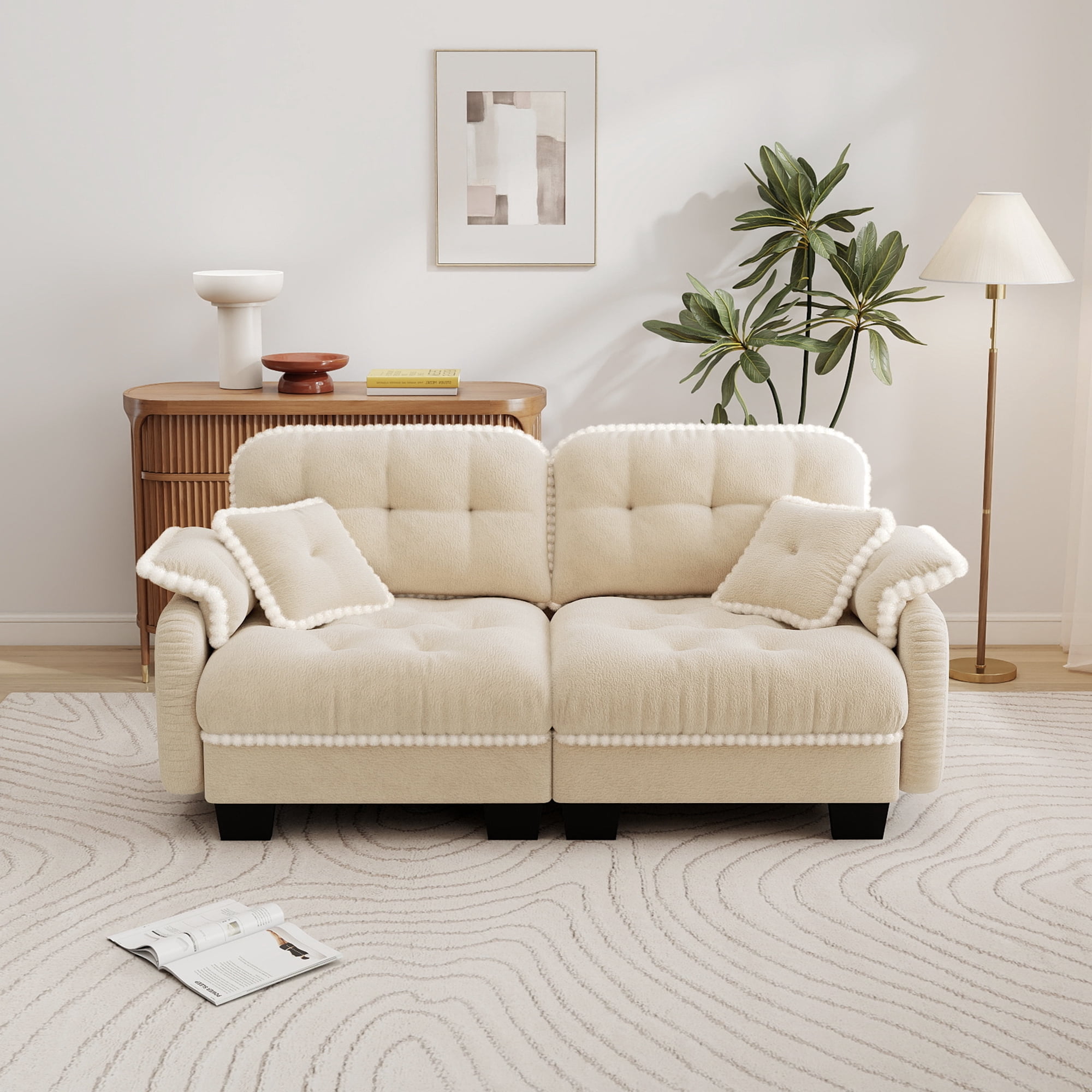 Aenkyo 70" Chenille Modular Loveseat with 23.8" Deep Seat and Pom-Pom Trim, Beige