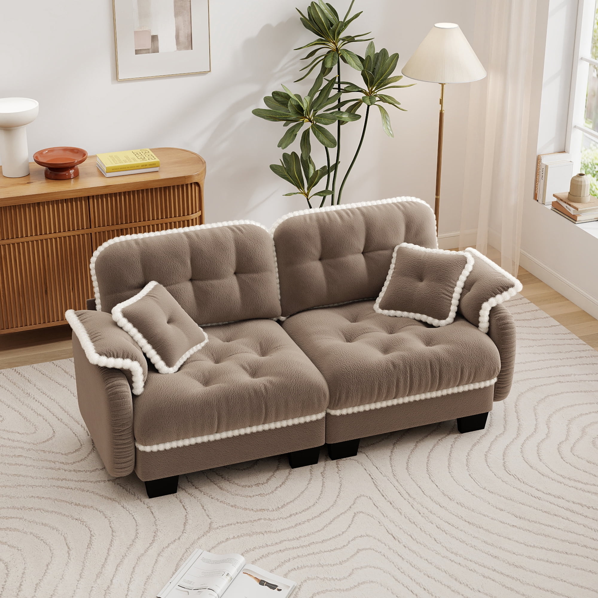 Aenkyo 70" Chenille Modular Loveseat with 23.8" Deep Seat and Pom-Pom Trim, Camel