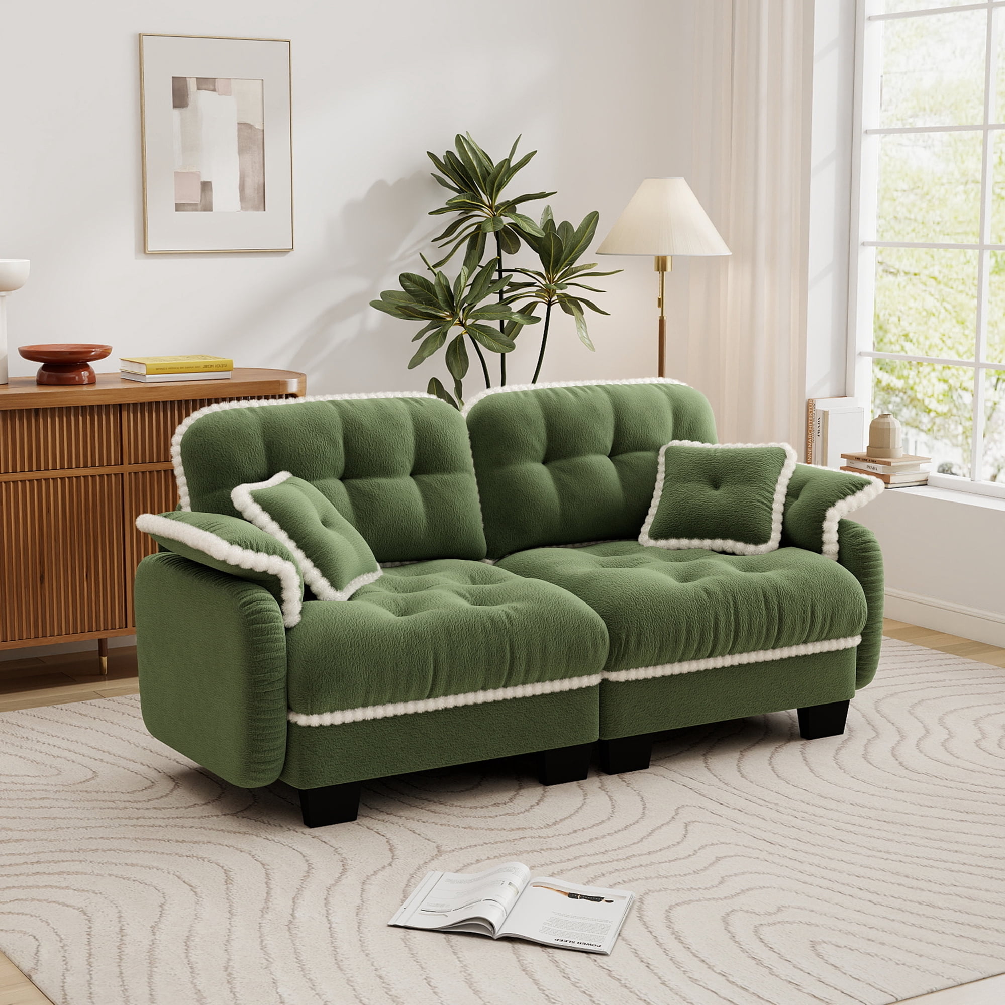 Aenkyo 70" Chenille Modular Loveseat with 23.8" Deep Seat and Pom-Pom Trim, Green
