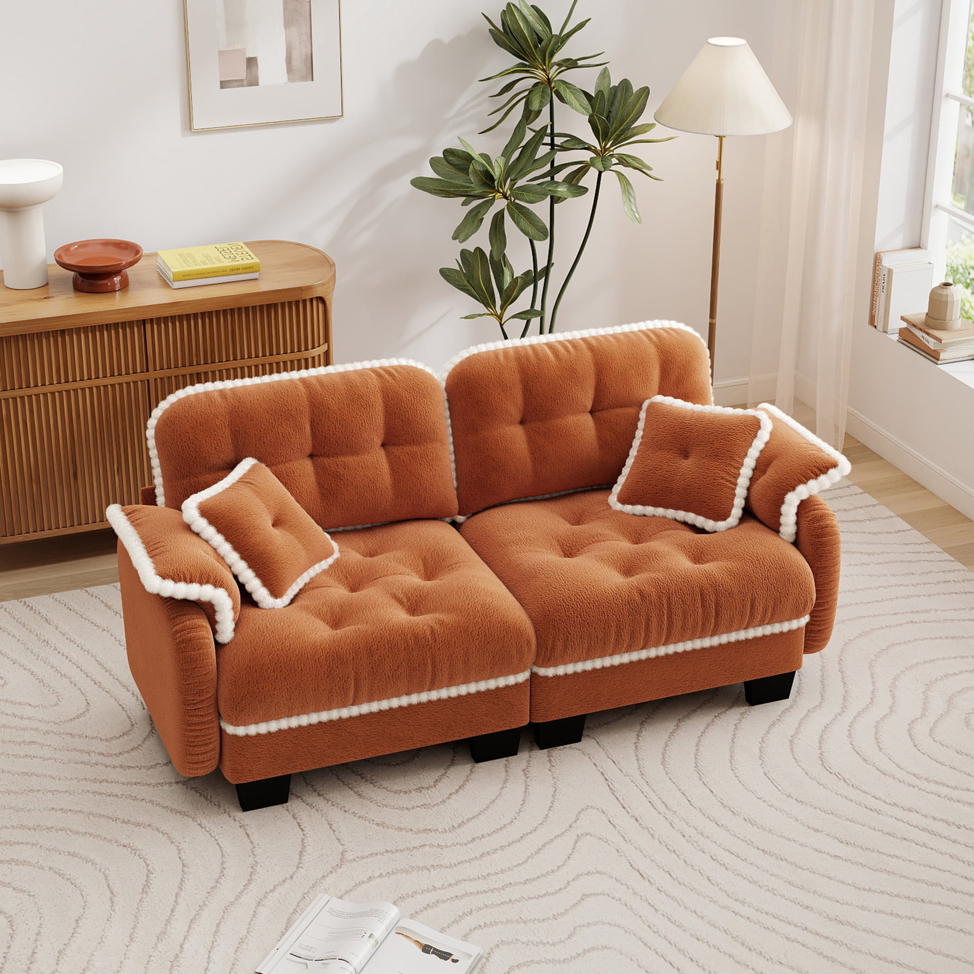 Aenkyo 70" Chenille Modular Loveseat with 23.8" Deep Seat and Pom-Pom Trim, Orange