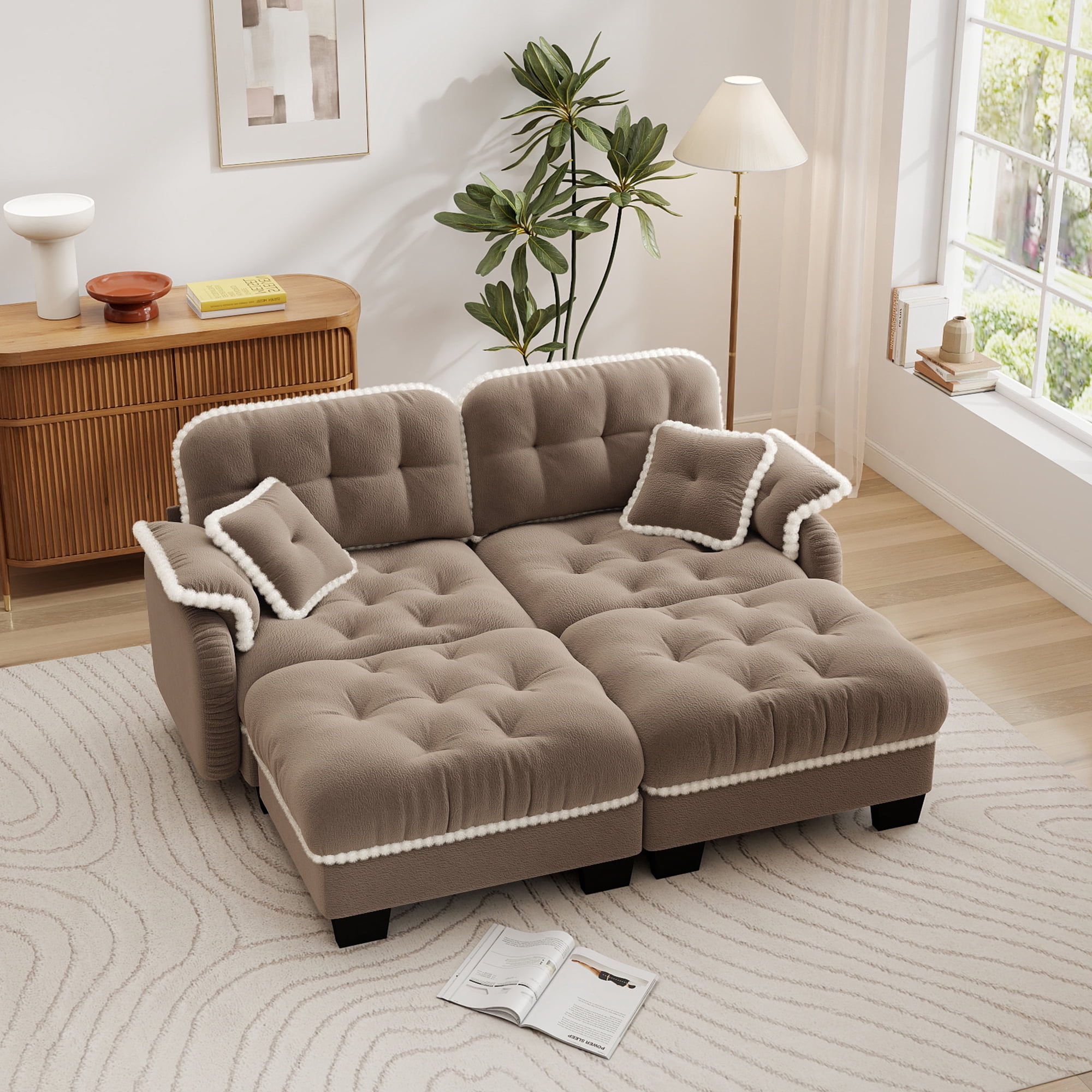Aenkyo 70" Chenille Modular Sectional Sofa with 2 Ottomans, 23.8" Deep Seat, Camel