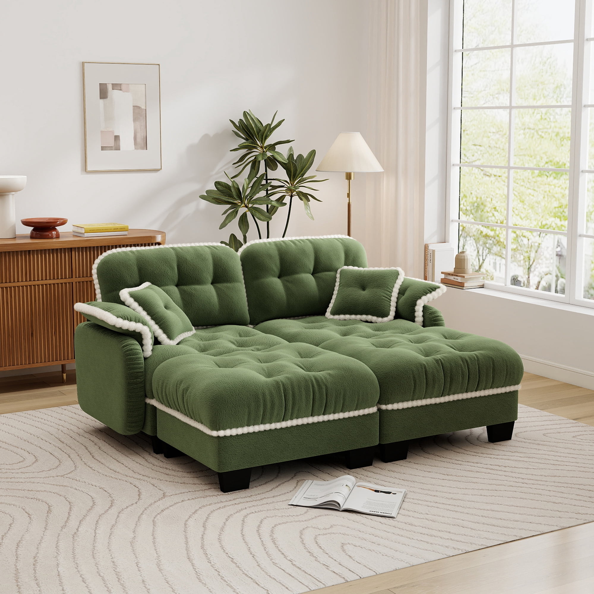 Aenkyo 70" Chenille Modular Sectional Sofa with 2 Ottomans, 23.8" Deep Seat, Green