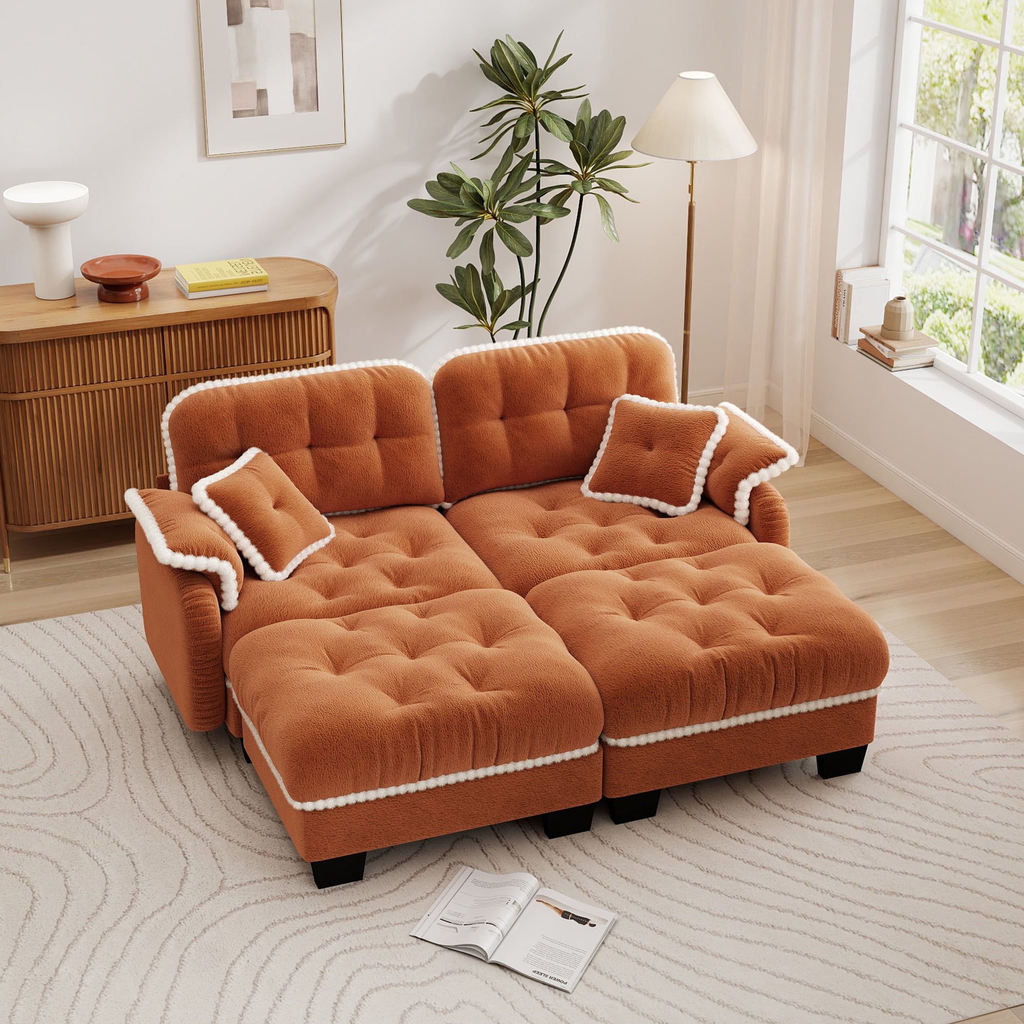 Aenkyo 70" Chenille Modular Sectional Sofa with 2 Ottomans, 23.8" Deep Seat, Orange
