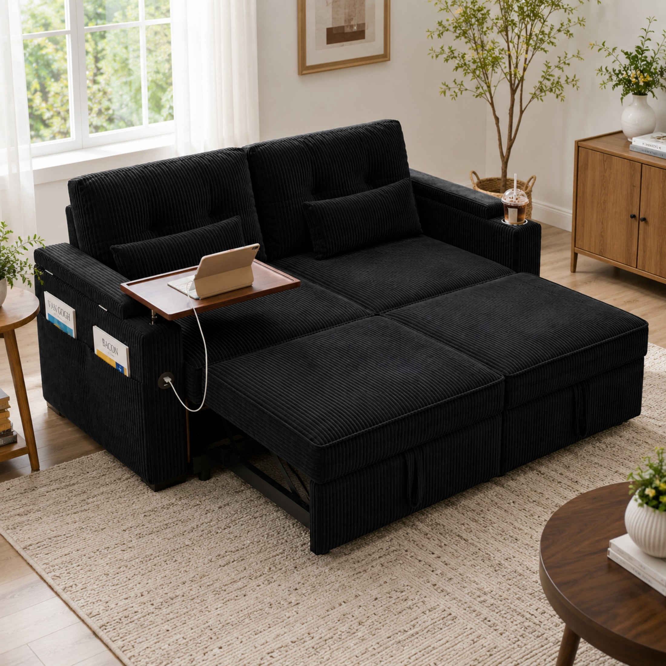Aenkyo 73" Pull Out Sofa Bed, 3-in-1 Queen Sleeper Sofa with USB, Cup Holders and Storage, Black
