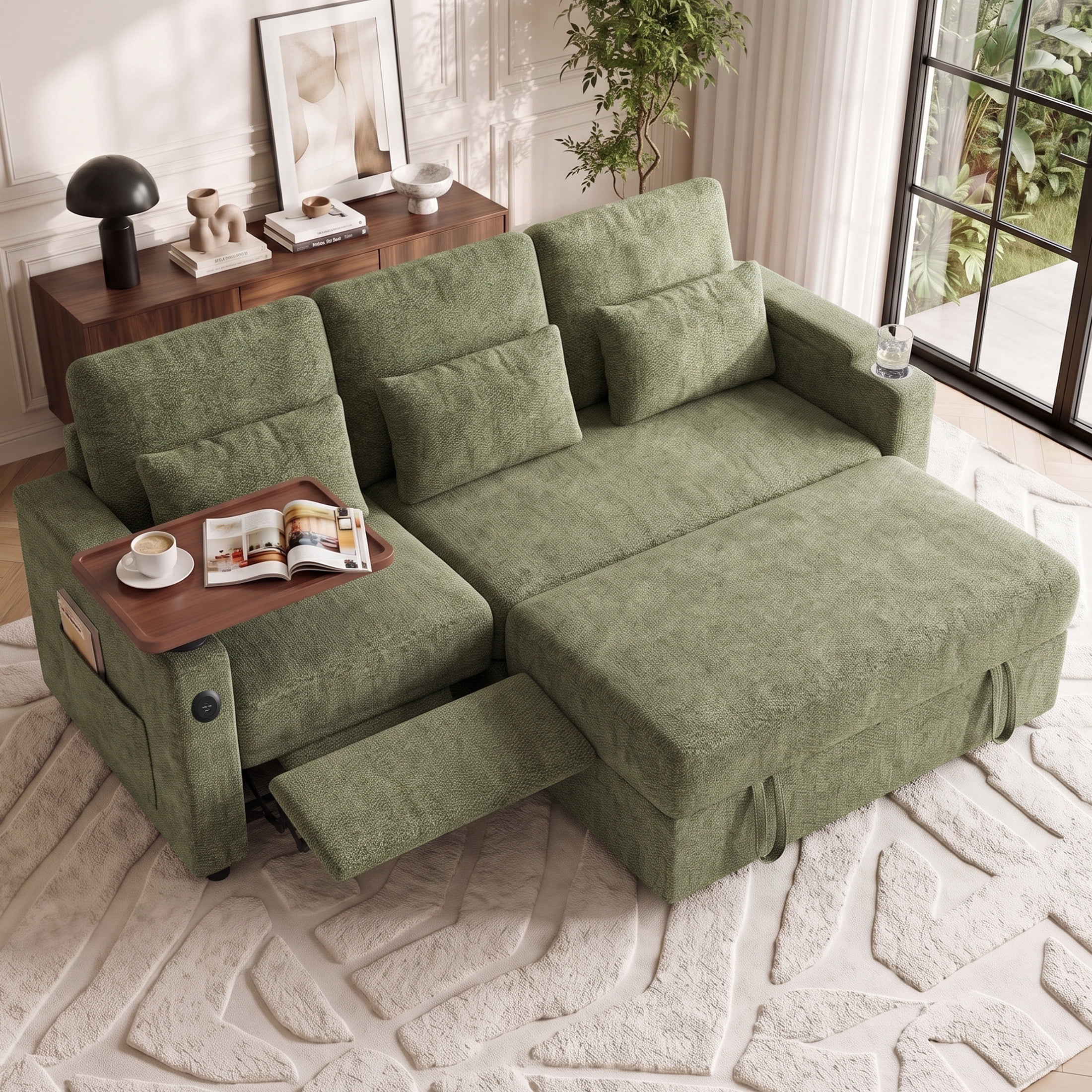 Aenkyo 81" 3-in-1 Convertible Sleeper Sofa with Pull Out Bed and Recliner, Adjustable Backrest, Green